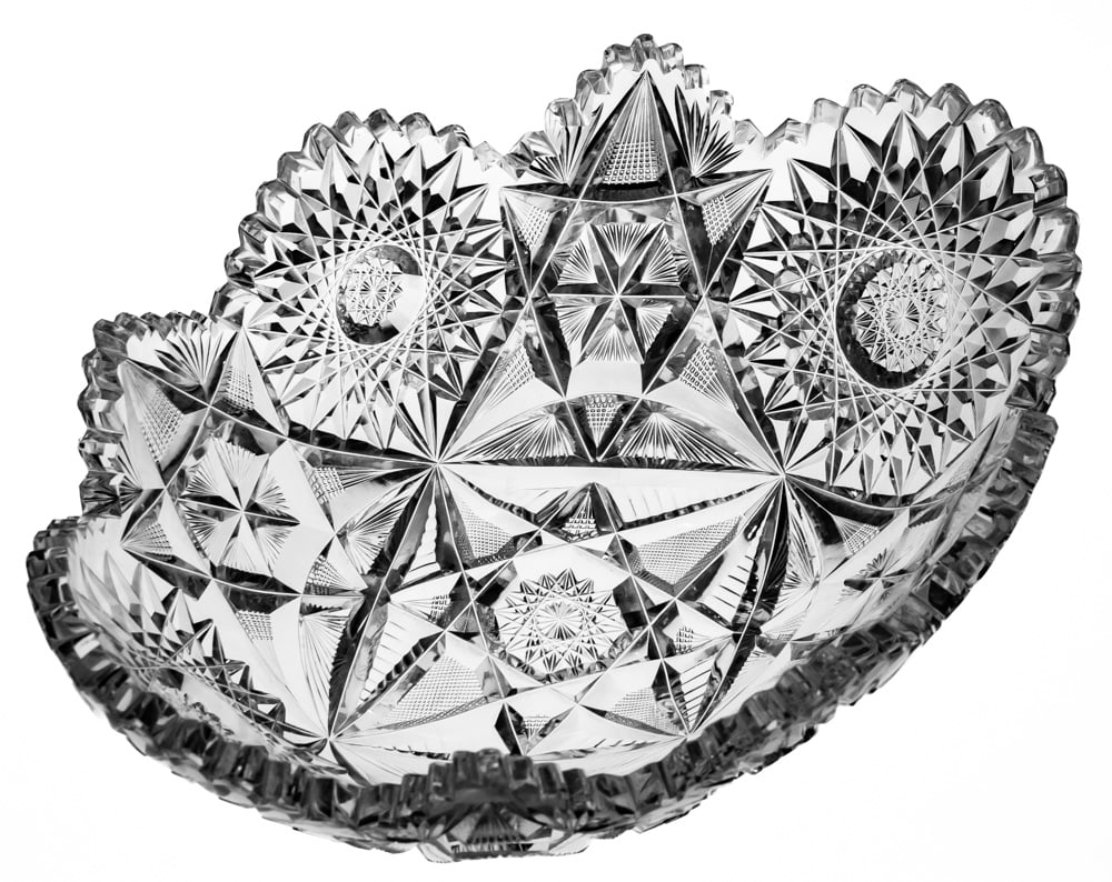 Beautiful Libbey Melrose American Brilliant Period Cut Glass Orange Bowl: This nice, large orange bowl was cut by Libbey in their Melrose design. I think those design fits an orange bowl quite well with the 4 large hobstars at the sides and ends and the rest of the pattern