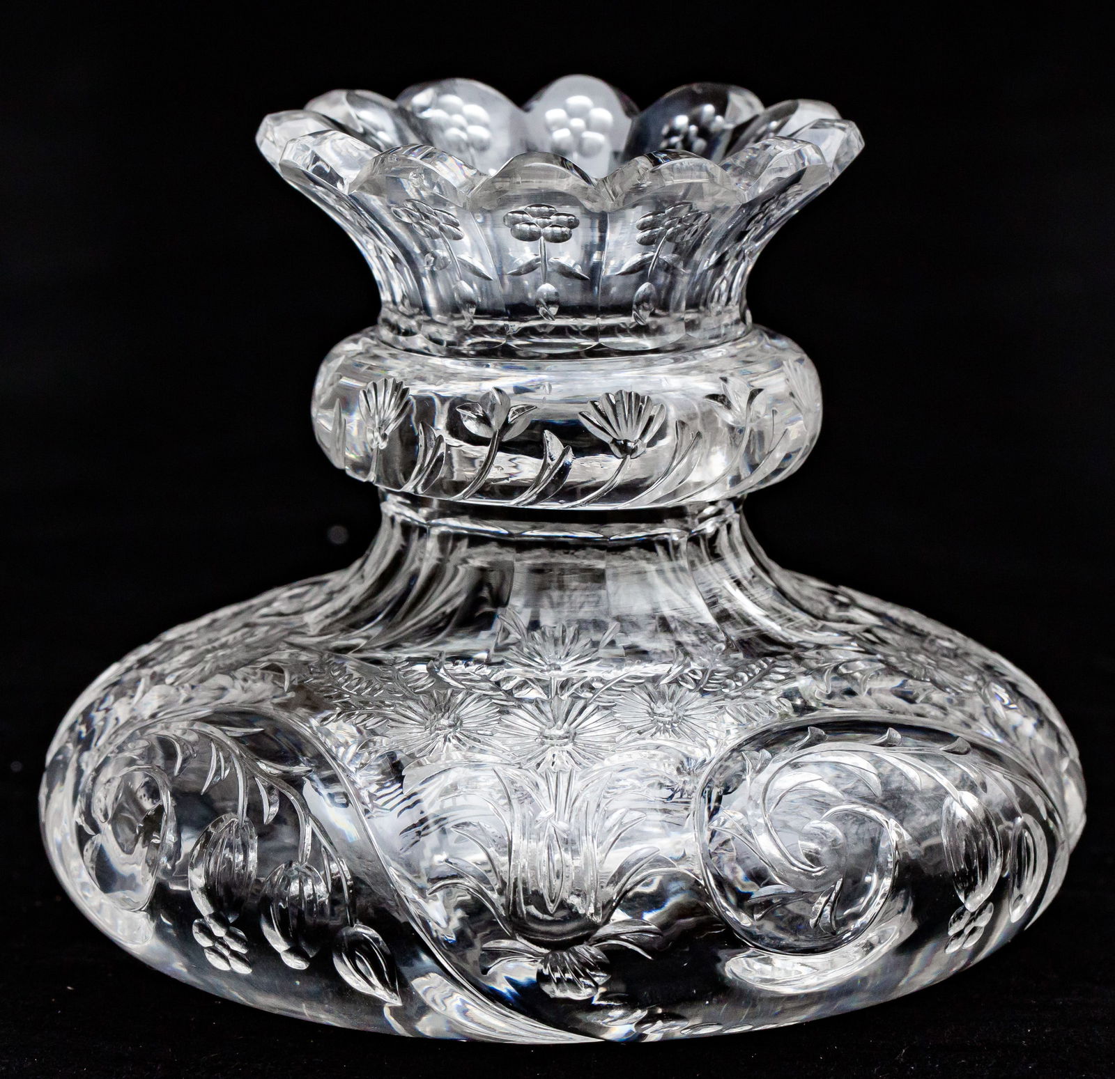 Wow! Incredible Miniature Rock Crystal Brilliant Period Cut Glass Engraved Flower Center.: This miniature flower center is one of the most beautiful whimsical pieces I've ever seen. It feautres gorgeous rock crystal engraving all over the entire piece - up the body, the neck ring, and rim!