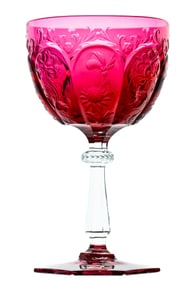 Masterpiece Cranberry Rock Crystal 'Bees in Flight' Brilliant Cut Glass Engraved Wine Stem