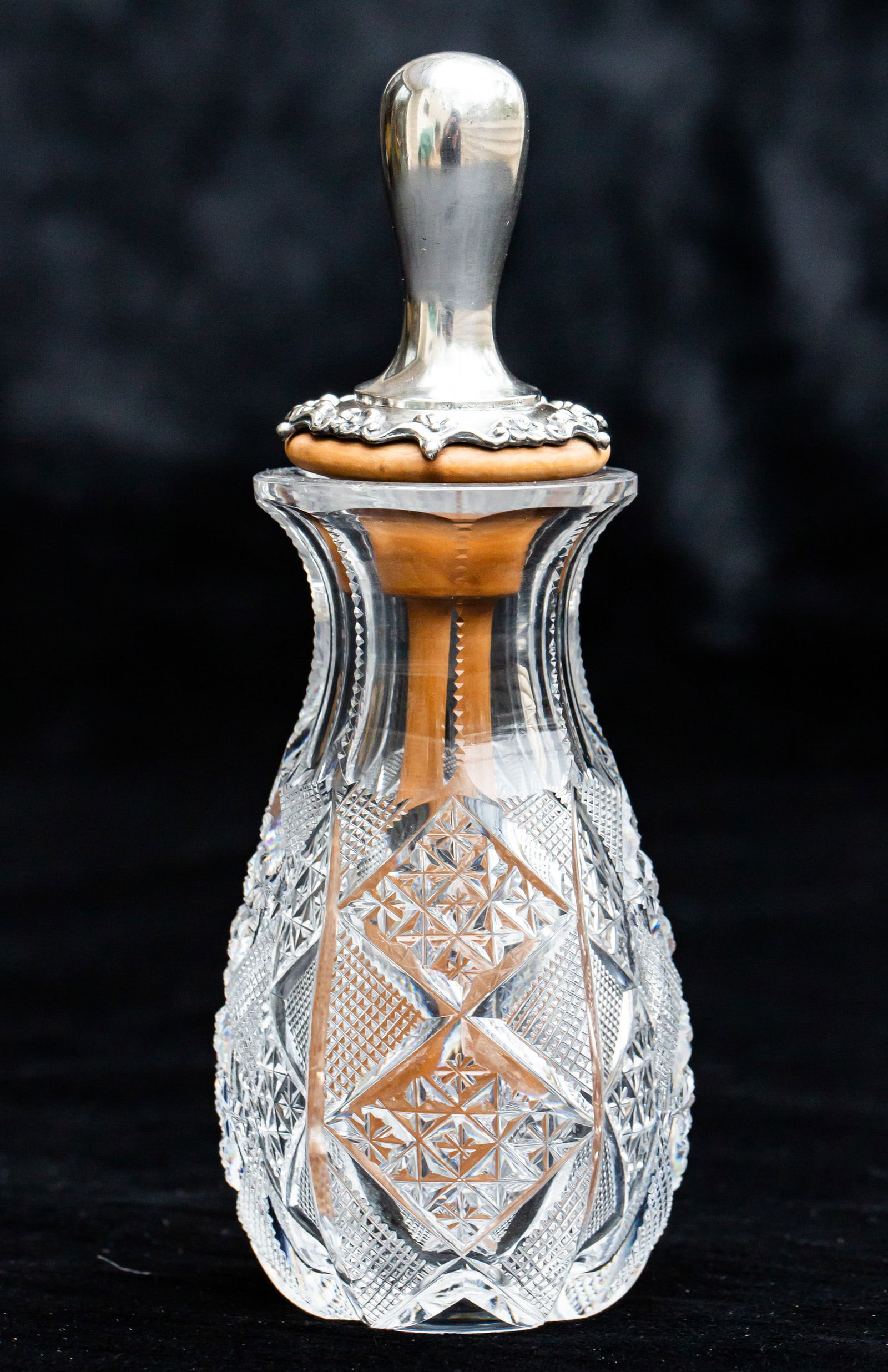 Extremely Rare American Brilliant Cut Glass Horseradish Jar w/ Sterling Silver: This piece is featured exclusively on pg. 283 of Spillman's "American Cut Glass Industry: TG Hawkes and Competitors." This rare horseradish jar has a sterling handle and carved wood spoon attachment!