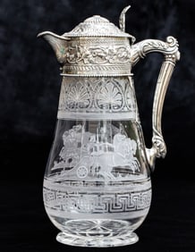 Wonderfully Engraved Brilliant Period Cut Glass Ewer w/ Sterling Silver
