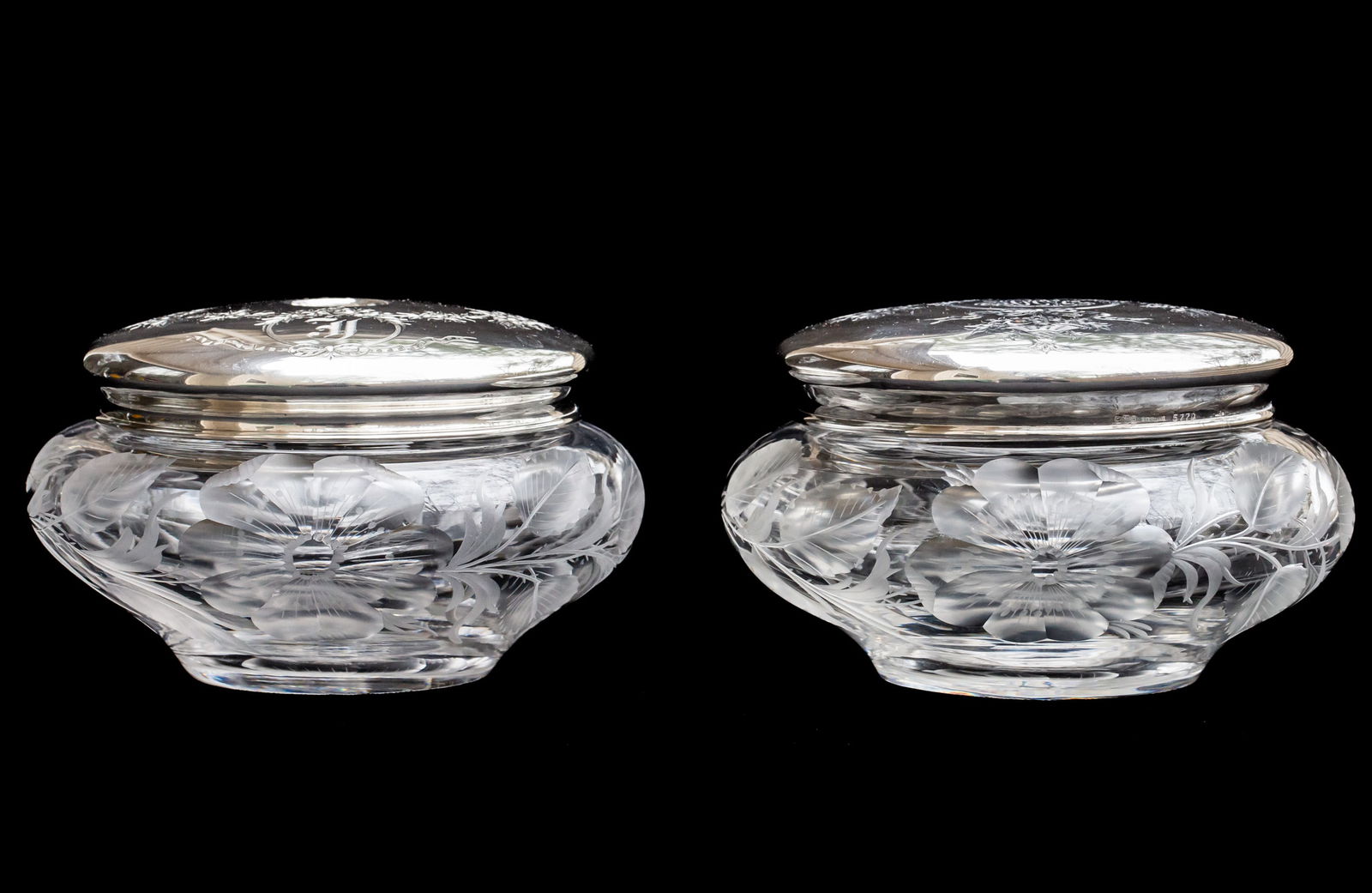 Beautiful Tuthill and Gorham Sterling Silver American Brilliant Cut Glass Set Powder Hair Receiver: This set including a puff jar and hair receiver was cut by Tuthill in their engraved Wild Rose design featuring deep, well-done intaglio. The silver was made by Gorham and features impressive engravin