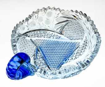HC Fry American Brilliant Period Cut Glass Nappy w/ Blue Center and Handle