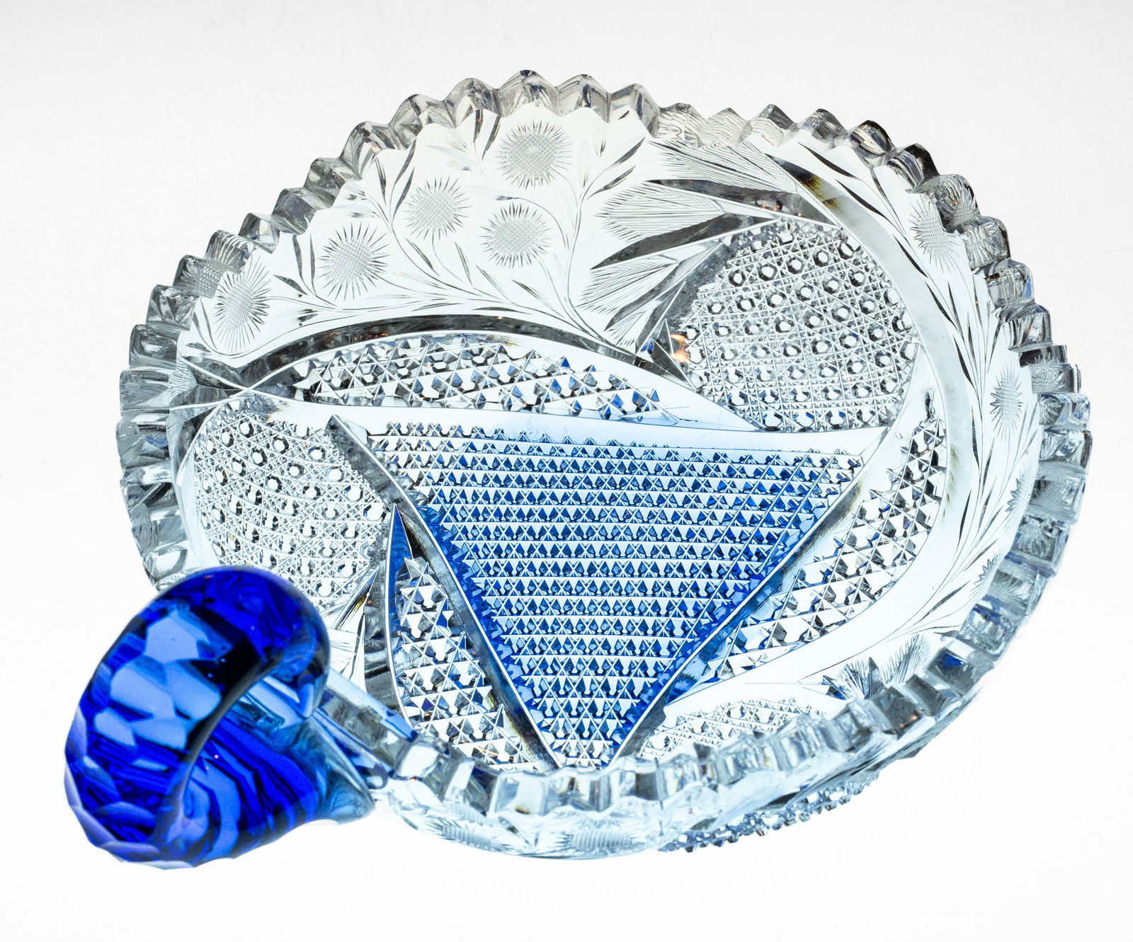 HC Fry American Brilliant Period Cut Glass Nappy w/ Blue Center and Handle: Fry made pieces with this coloration for very brief time while in the Brilliant Period. This nappy features sharp cutting and engraving and a blue center and solid handle.