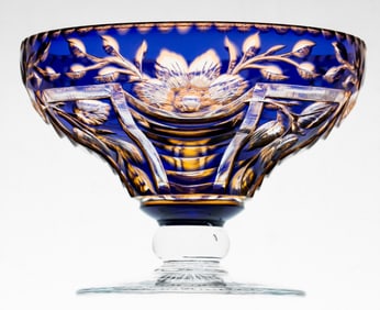 Unusual Stevens & Williams 2 Color Dessert Bowl Cut Glass Engraved Cobalt/Cinnamon
