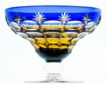 Beautiful Stevens & Williams 2 Color Dessert Bowl Cut Glass Engraved Cobalt/Cinnamon