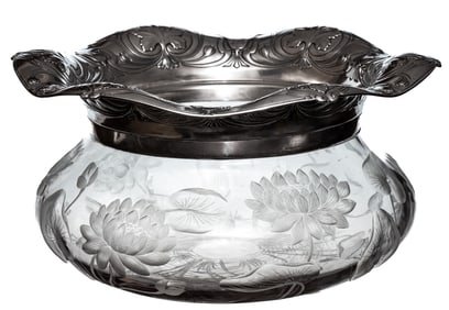 The Most Incredible Gorham Sterling Silver Rimmed Engraved Water Lily Cut Glass Centerpiece