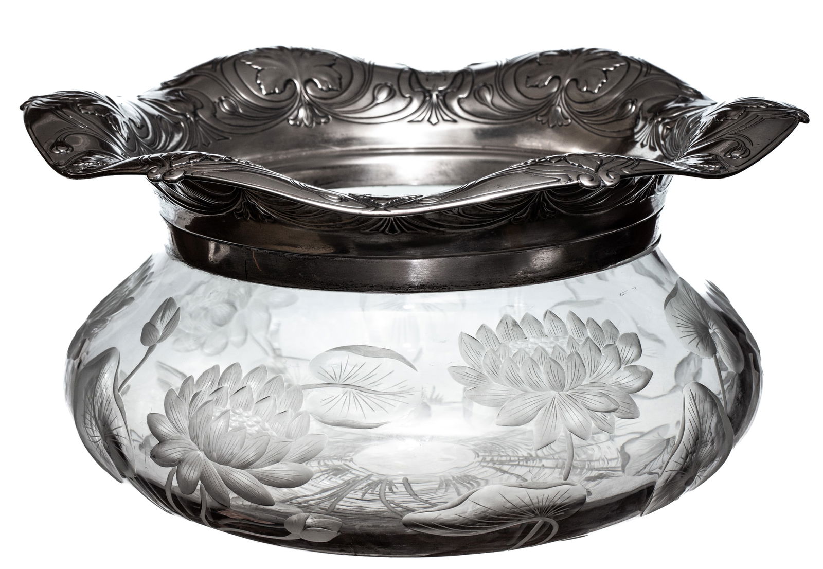 The Most Incredible Gorham Sterling Silver Rimmed Engraved Water Lily Cut Glass Centerpiece: This GIGANTIC centerpiece is one of the most impressive silver-rimmed pieces I've ever seen. Rimmed in heavy Gorham Athenic silver this large piece features incredible, large water lily engraving. The