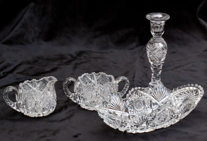 Group of 4 American Brilliant Cut Glass Items - Cream and Sugar, Tray, Candlestick