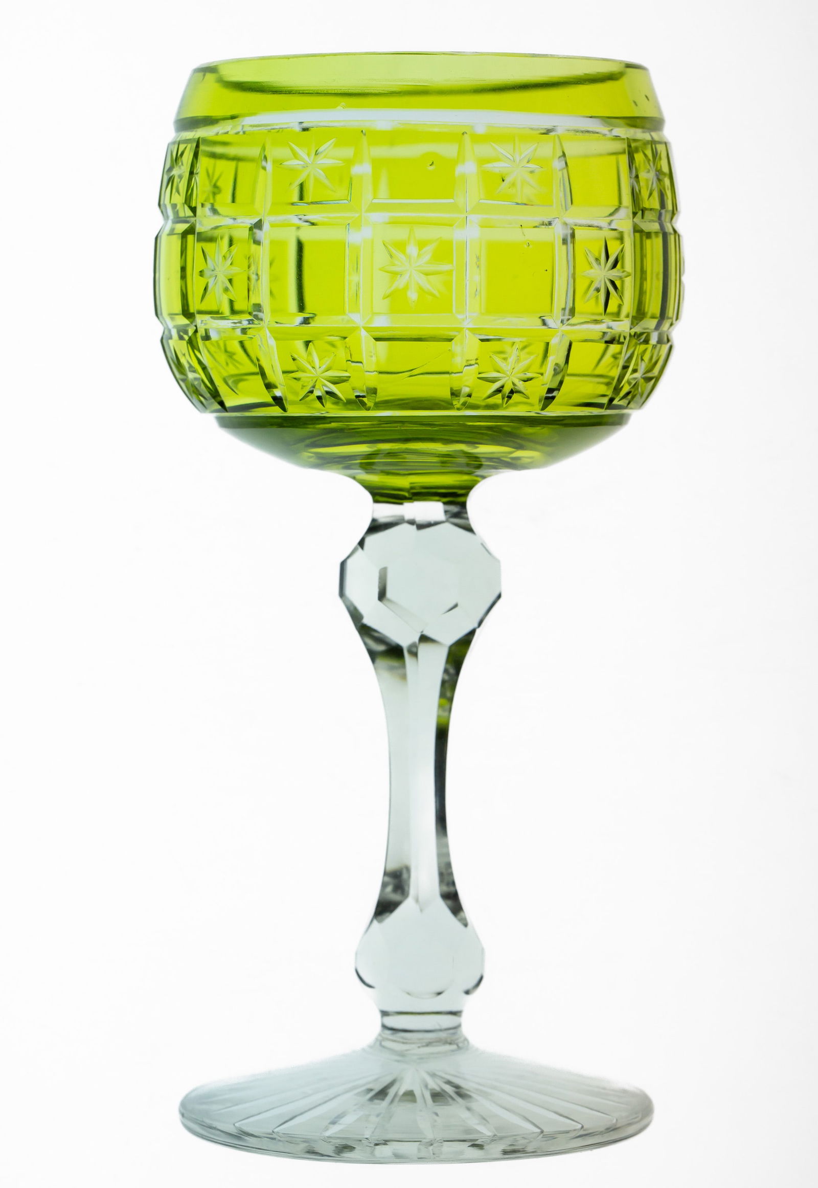 Chartreuse to Clear Cut Glass Hock Wine Crystal: This hock wine, in chartreuse to clear, was more than likely created in a Europe. It's a heavy, thick piece.
