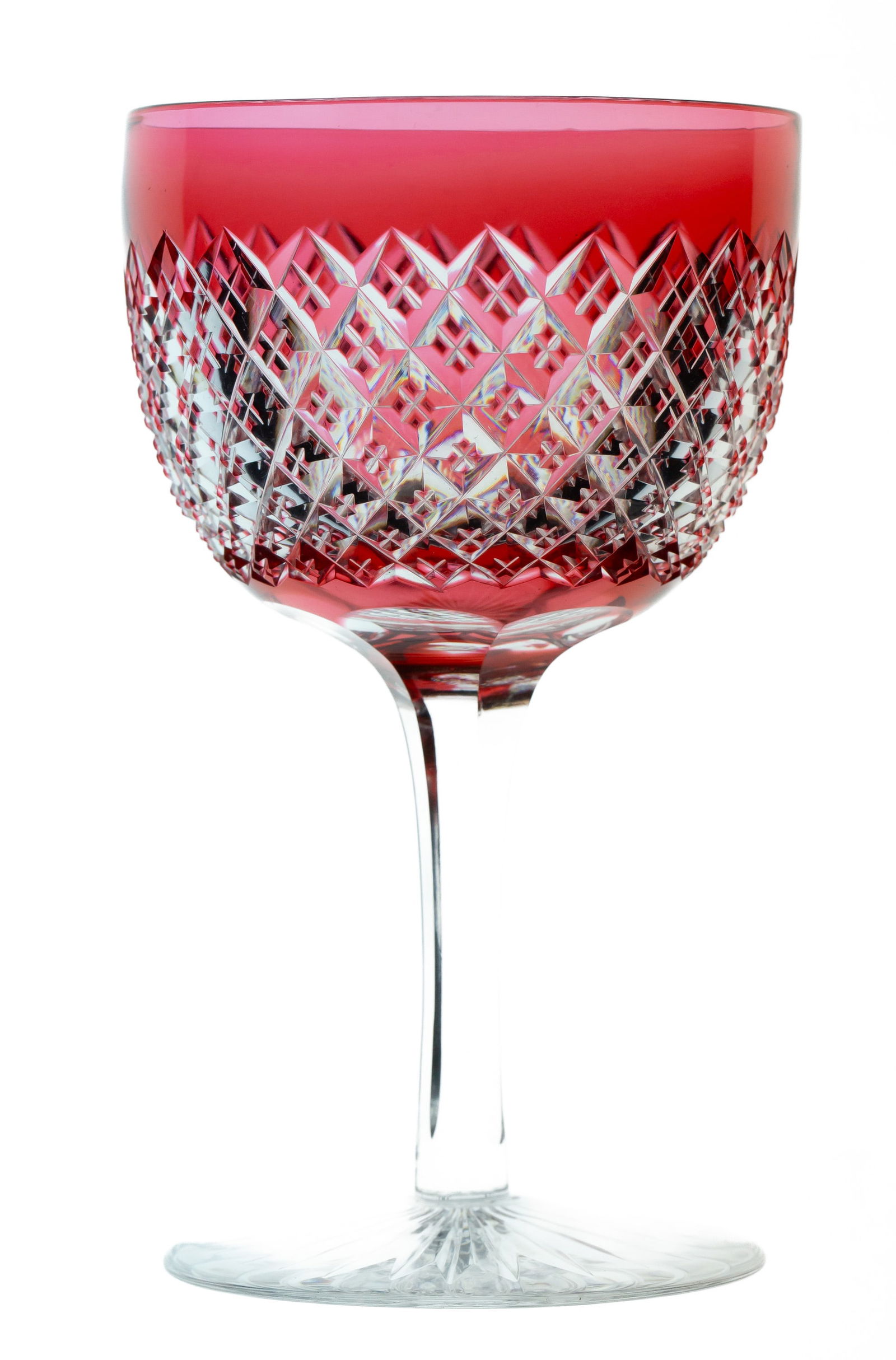 Beautiful Cranberry to Clear American Brilliant Period Cut Glass Strawberry Diamond Wine: Gorgeous wine in strawberry-diamond cutting on a strong cranberry to clear blank. Great piece to spice up your display!