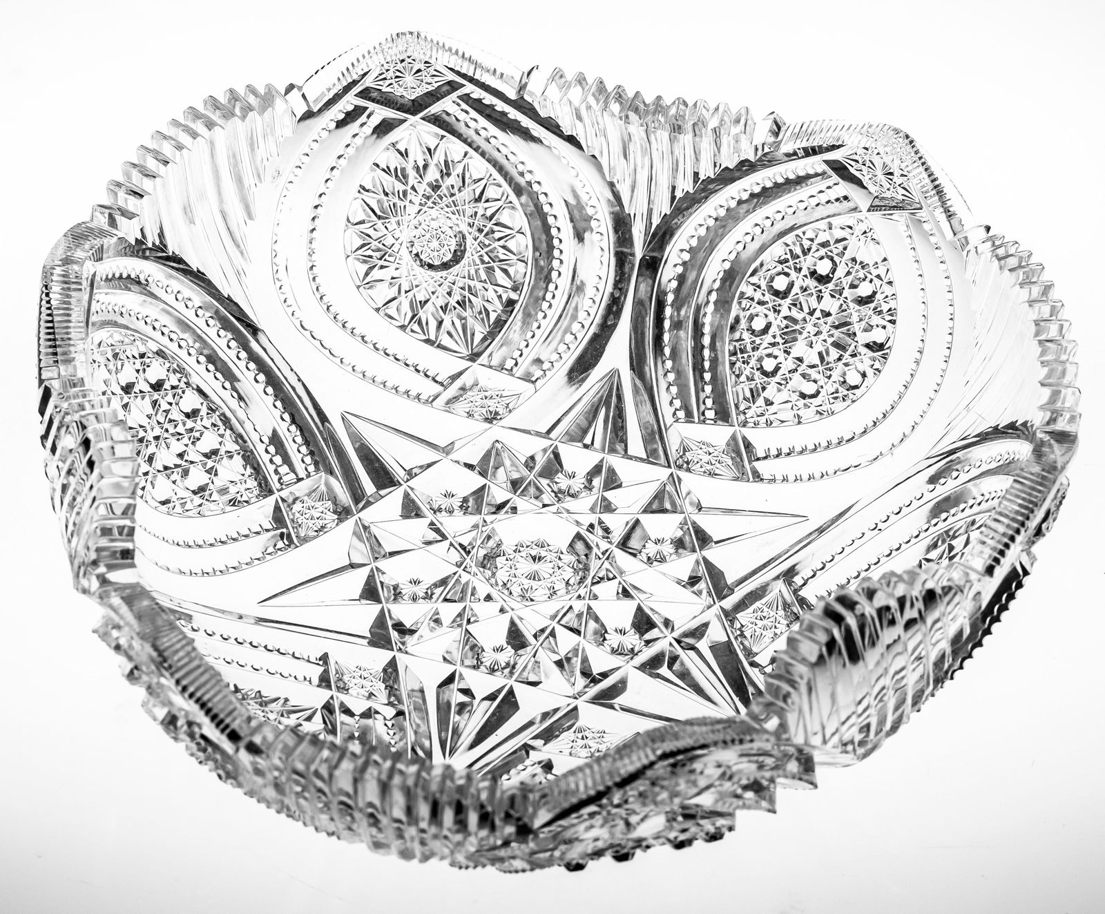 Spectacular Bergen Empress Eugenie/Portland Brilliant Cut Glass Trifold Bowl: I have only seen a handful of examples of this pattern. To me it’s one of the most appealing early patterns of the Brilliant Period, with many unique touches you won’t find in other designs. The b