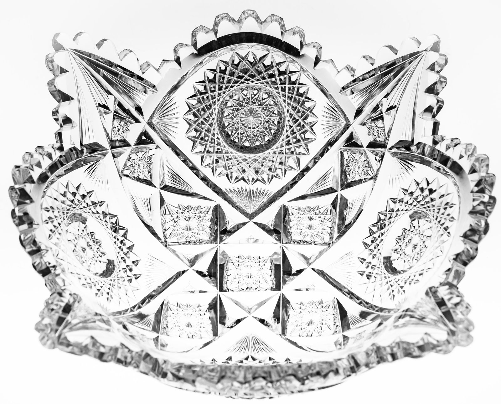 Large Libbey Kingston American Brilliant Cut Glass Square Flared Bowl: One of the nicest pieces of Libbey's Kingston I've ever seen. The blank is super clear and thick and shows off this design so well. Signed Libbey.