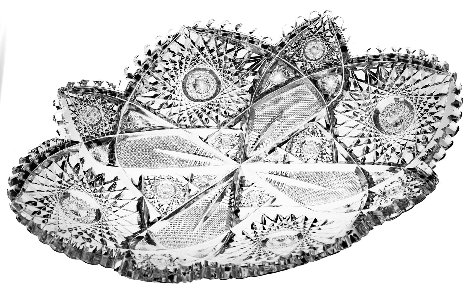 Extremely Rare Hawkes Valencian American Brilliant Cut Glass Ice Cream Platter Tray: This ice cream tray was cut by Hawkes in their extremely rare, early Valencian design. It features thick, clear glass, wood wheel polished and unpolished crosshatching and hobstar centers for contrast