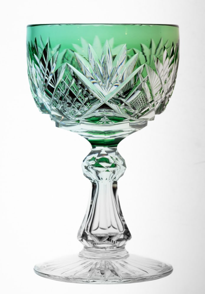 Gorgeous Libbey Early Harvard Green to Clear American Brilliant Cut Glass Wine Stem: This gorgeous wine is cut in Libbey’s early Harvard design. They are very heavy, deeply cut and wood wheel polished to satiny perfection. Great deep emerald green in color. Much deeper cutting than