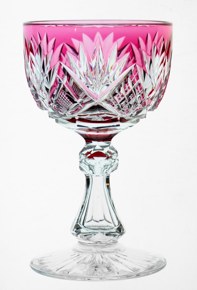Gorgeous Libbey Early Harvard Cranberry to Clear American Brilliant Cut Glass Wine Stem: This gorgeous win is cut in Libbey’s early Harvard design. They are very heavy, deeply cut and wood wheel polished to satiny perfection. Great deep cranberry color. Much deeper cutting than most ste