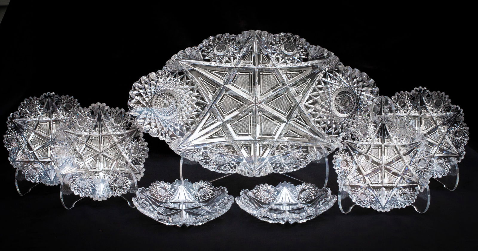 Amazing Early Libbey Kimberly American Brilliant Cut Glass Ice Cream Set: It's become increasingly difficult to find a complete ice cream set of this quality. This set was cut early during the period and has the most beautifully clear, wood wheel polished blanks. Super deep