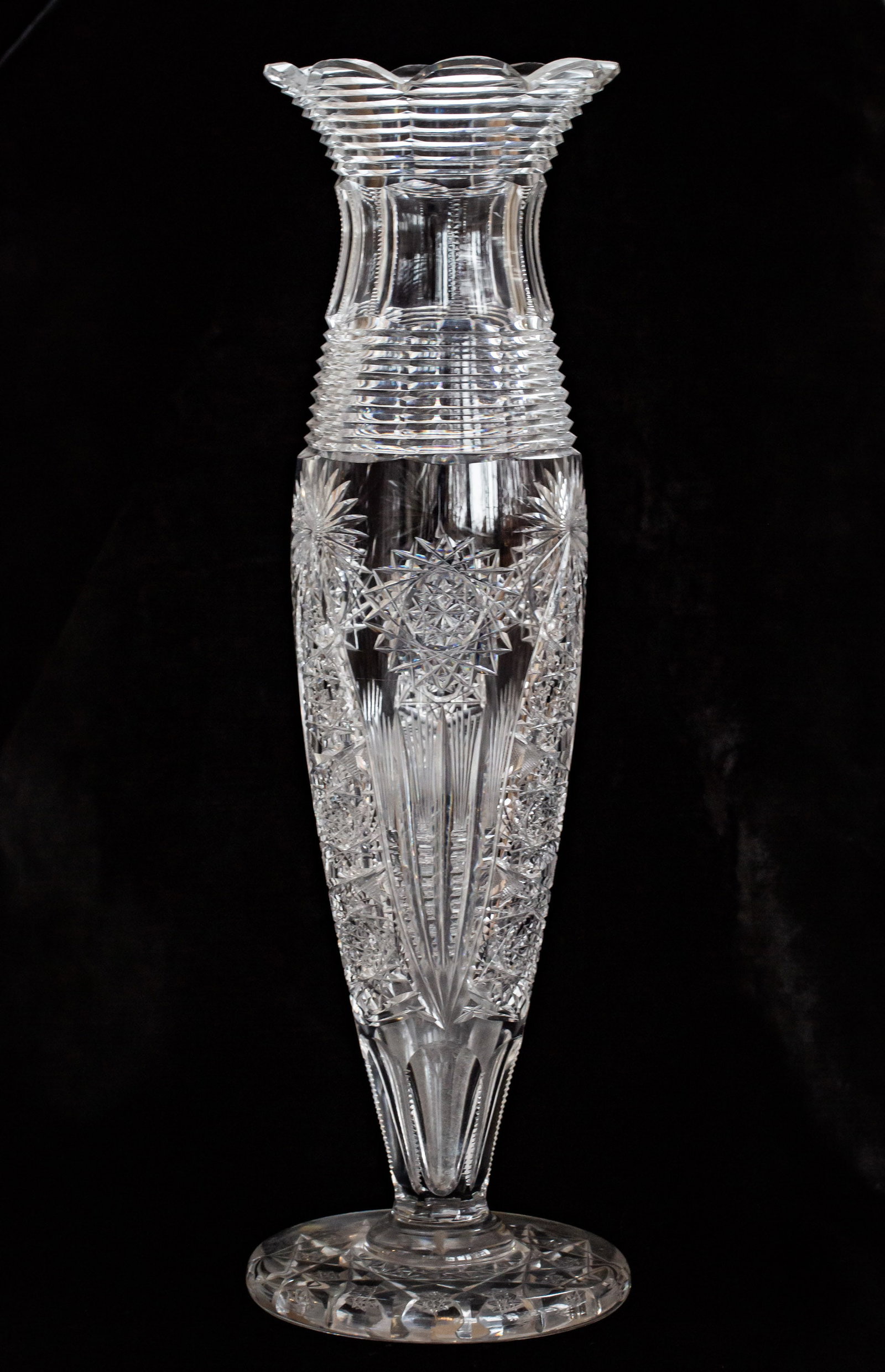 Extra Tall 18" J. Hoare American Brilliant Period Cut Glass Vase: Awesome example from J. Hoare in an 18" tall vase. Features step cut neck, intense body cutting, and a fully cut in pattern base!
