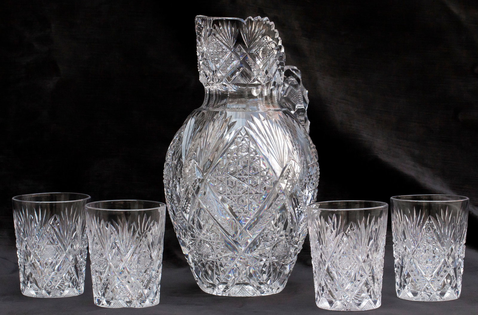 Unbelievable Libbey Imperial High Lipped Pitcher Set American Cut Glass: This is one of the nicest pitchers made during the Brilliant Period. A great, old blank cut almost exclusively by Libbey - this example in their highly-desirable Imperial design. These pitchers are ma