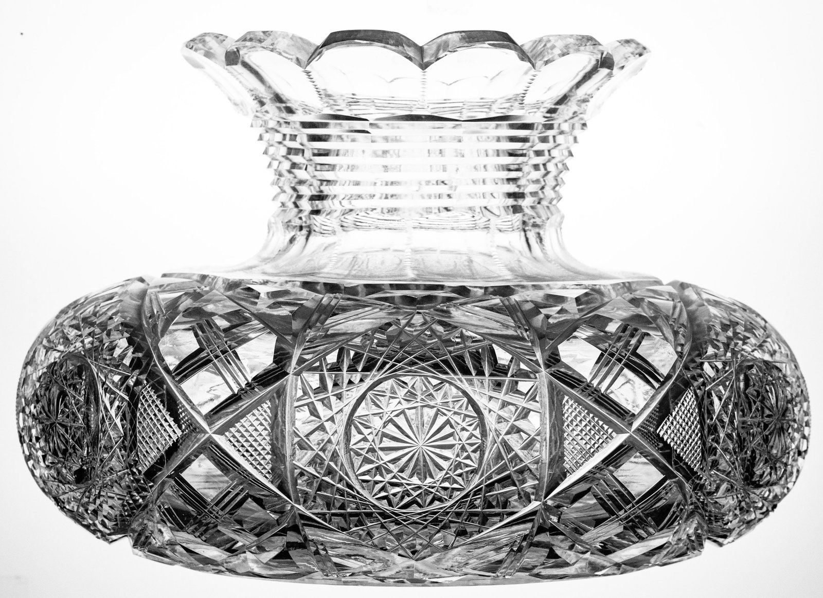 Gigantic 18LB J. Hoare American Brilliant Period Cut Glass Flower Center: This is a massive flower center cut and signed by J. Hoare in an unknown design. The blank of this piece is nearly 1/2" thick and the piece weighs 18 pounds! A very impressive piece for the center of