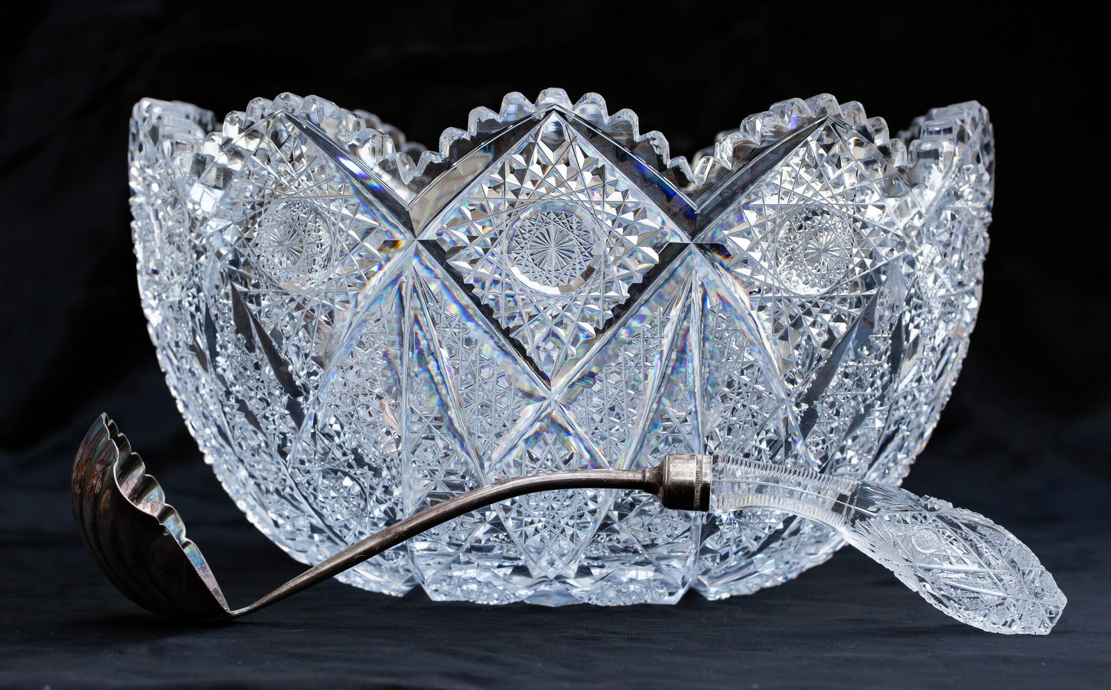 Fabulous Hawkes Kensington American Brilliant Period Cut Glass Punch Bowl and Ladle: This fabulous punch bowl is cut in Hawkes extremely high quality Kensington design. It's signed with a huge trefoil logo in the center. The pattern has so much detail - some of the richest cutting Haw