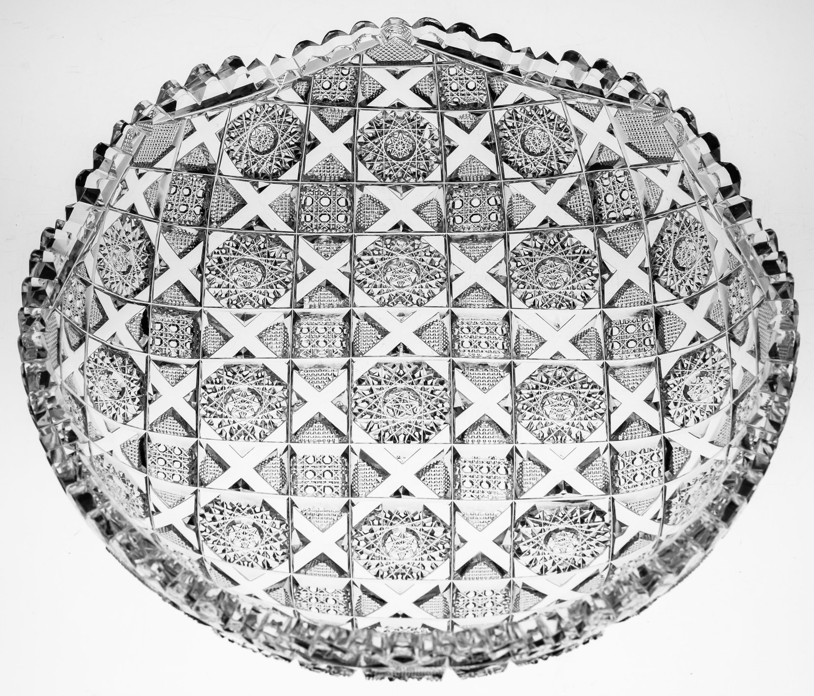 Incredible Clear Channel American Brilliant Cut Glass Bowl: This type of design used to be referred to as "Bird-in-a-Cage" and this is one of the finest renditions. Super sharp cutting on a very clear blank. An exceptional example.