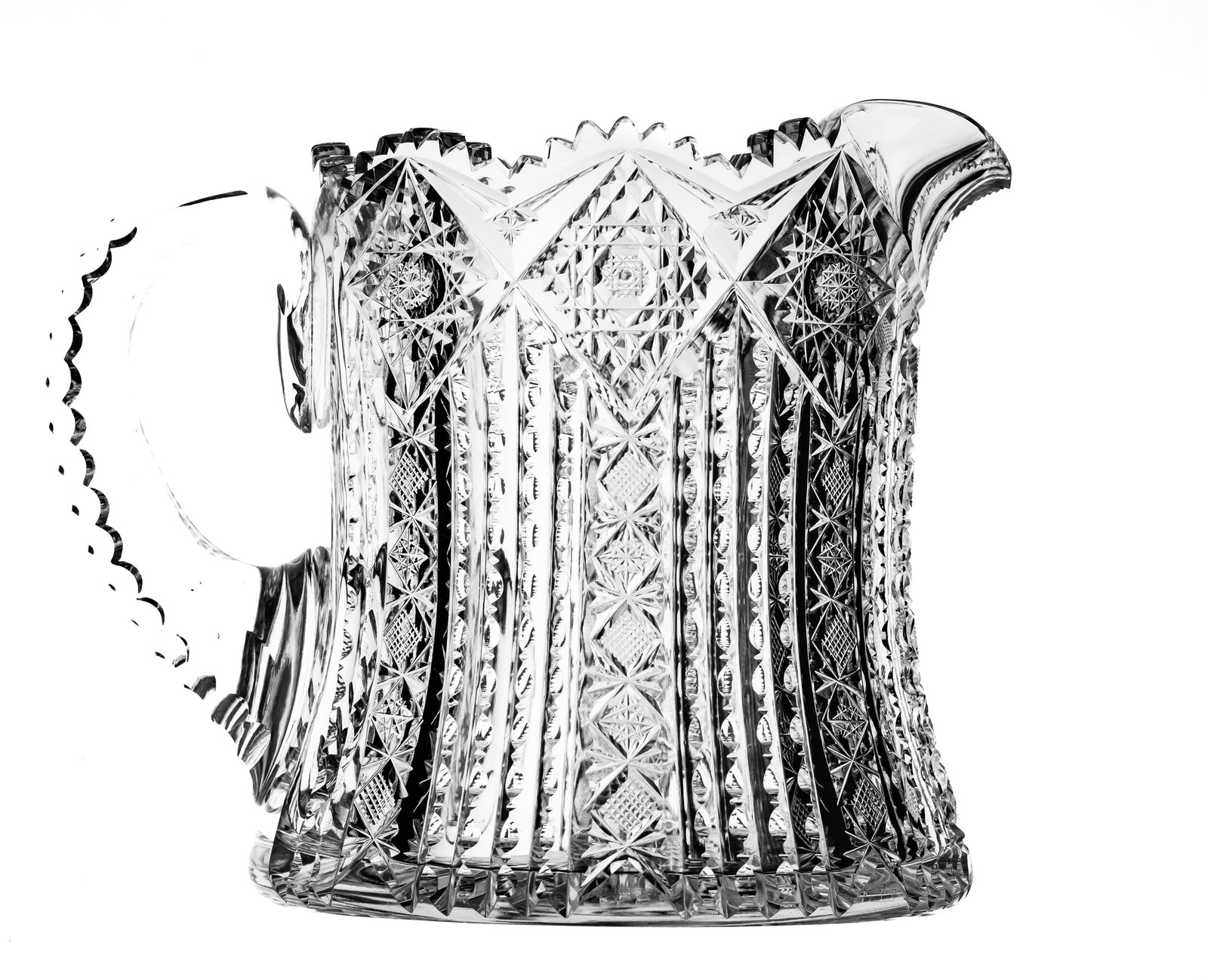 Fabulous Unger Brothers Hobart American Brilliant Cut Glass Pitcher: Hobart is one of the finest designs Unger Bros. produced during the period. Look at how complex the 8-pointed star formation is on the top rim! Super sharp notching, tiny hobstars, crosshatching and a