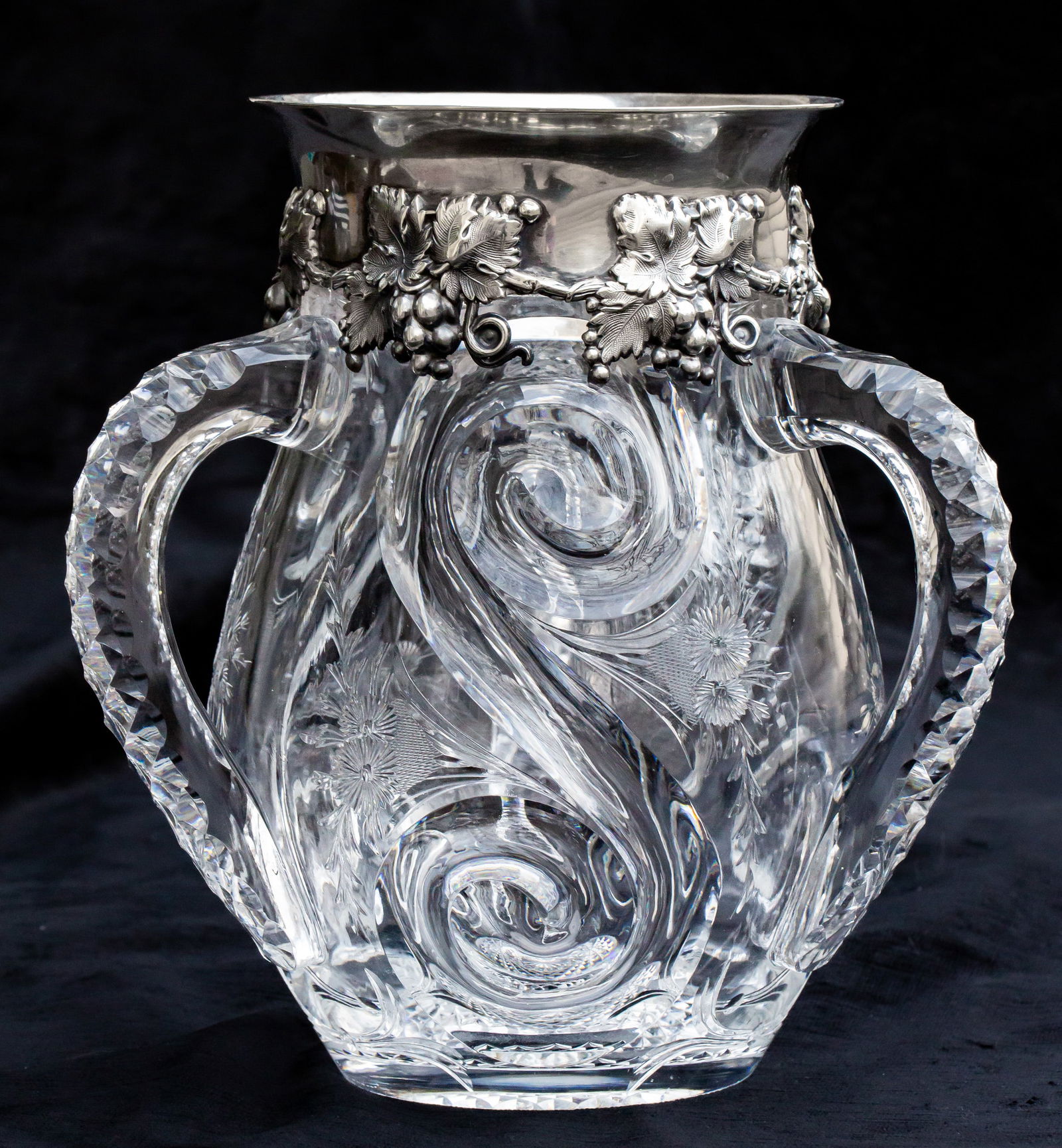 Unbelievable J. Hoare Snail Tiffany Sterling Silver American Brilliant Cut Glass Loving Cup: I believe this loving cup is the type of piece cut glass collectors strive to own - featuring not only the best quality glass, but also the best quality silver on a very large, pristine example. This