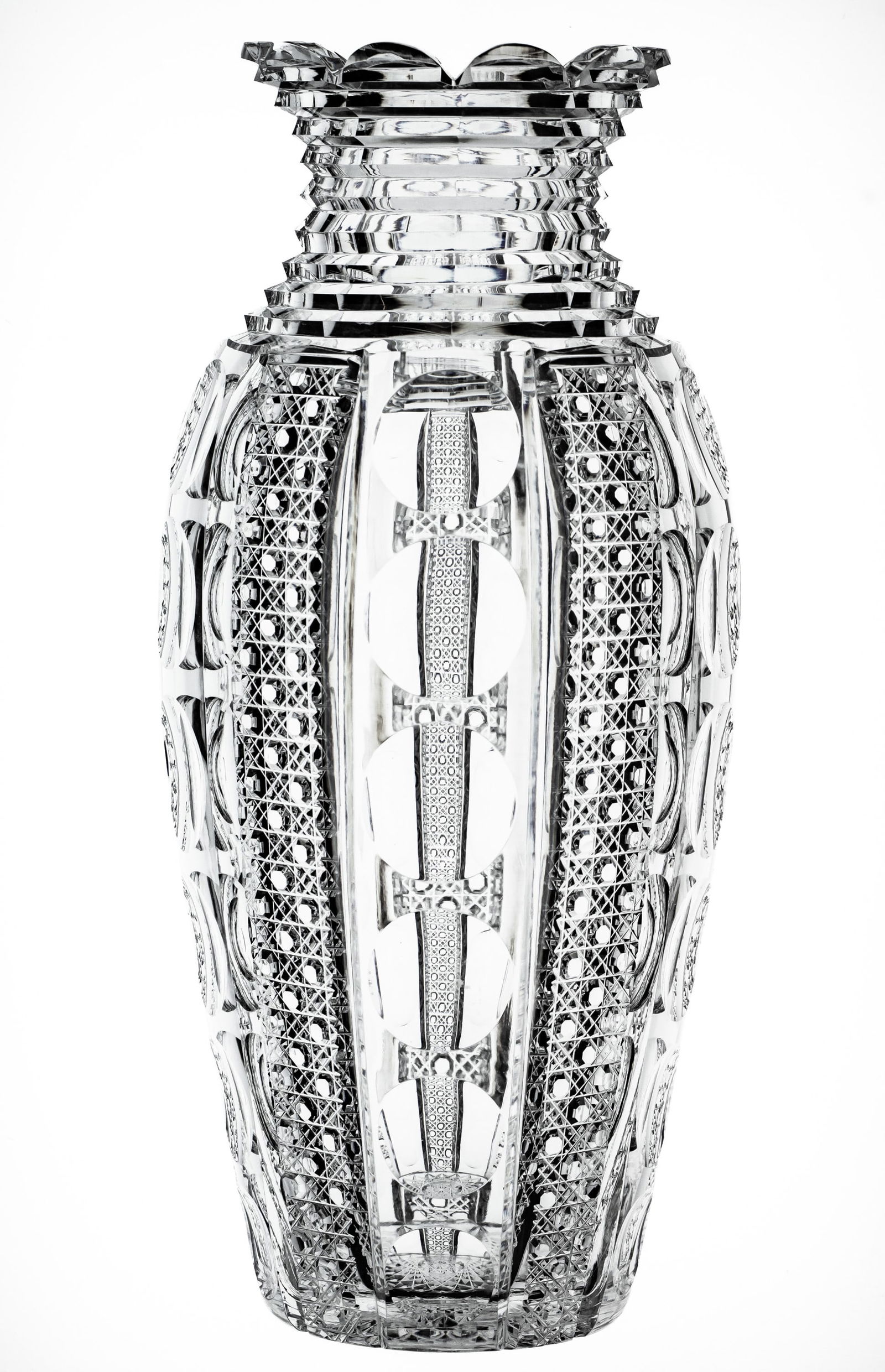 Elegant Meriden American Brilliant Period Cut Glass High-shouldered Vase: This vase was undoubtedly cut by Meriden in a pattern you see them cut on many of their other known blanks. It features beautiful clear punties divided by long bands of cane. The neck and rim is fully