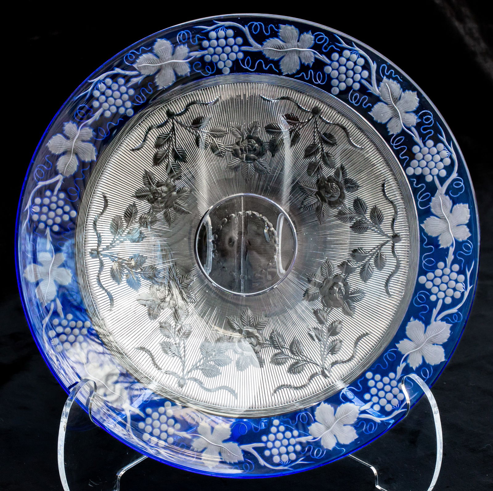 Never Before Seen Sinclaire Blue Border/Silver Thread American Brilliant Cut Glass Plate: This plate, cut and engraved by Sinclaire, is one I never knew existed until this year. It's cut in a very unusual Silver Thread interior pattern (which I have seen one other time) and a blue to clear