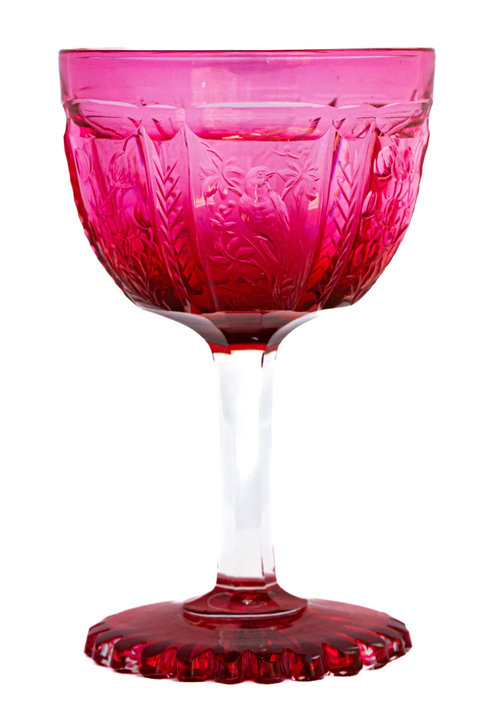 Extraordinary Cranberry Fade Engraved Birds Brilliant Cut Glass Rock Crystal Wine Glass: This wine glass is an extraordinary example featuring beautiful rock crystal engraving and an unusual cranberry-fade coloring that is achieved by two layers of cased cranberry glass. The engraving fea