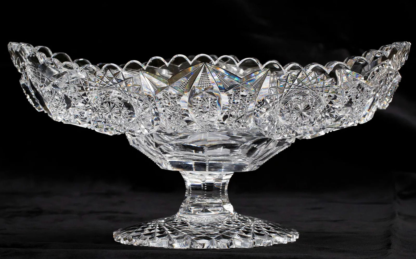 Iconic Libbey Centerpiece American Brilliant Period Cut Glass "Banana Split" Dish: One of the most unique shapes in cut glass is offered on this footed centerpiece signed by Libbey in their 202 pattern. I've always called this a banana split bowl because who wouldn't want to eat one