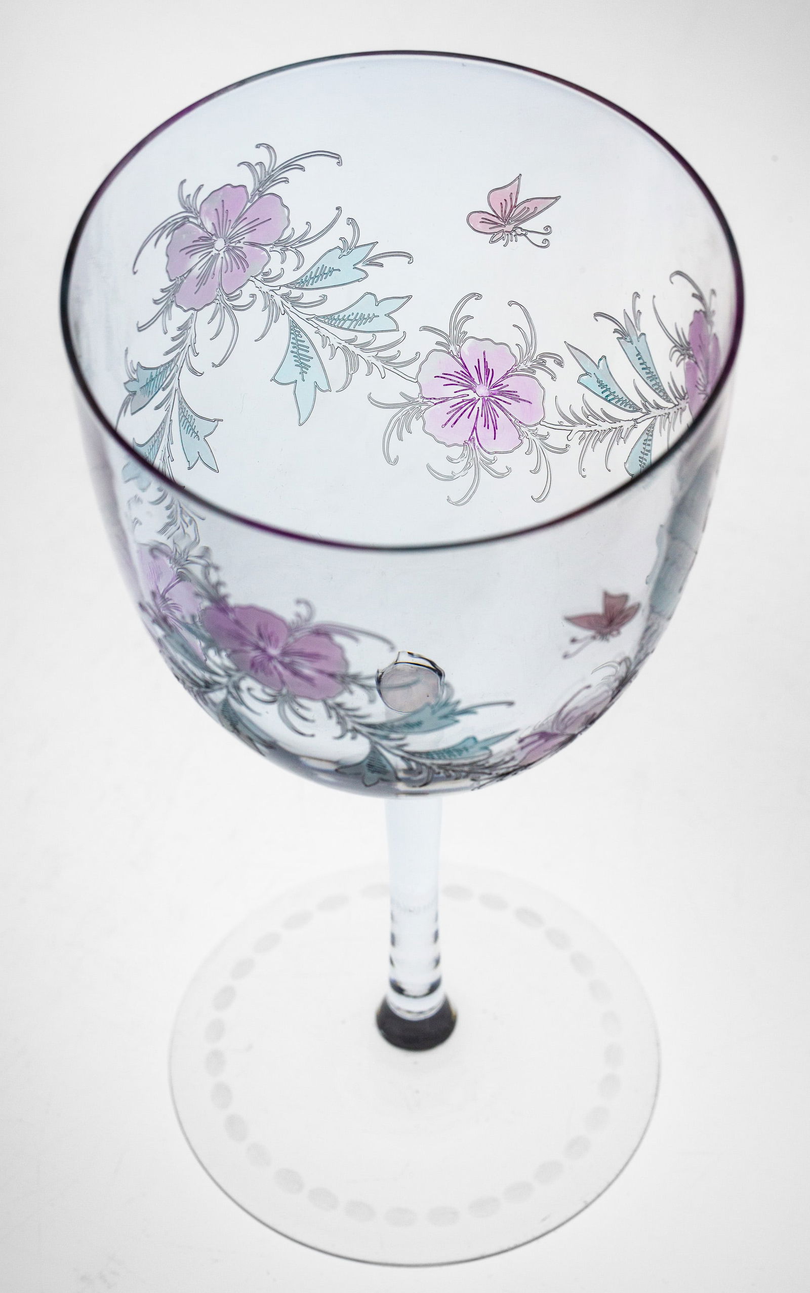 Incredible Dorflinger Kalana Cut Glass Etched American Crystal Goblet: Very impressive example of Dorflinger's Kalana Florida line with very fine etching and color application. The etching features three distinct colors - pink flowers, blue leaves and a red butterfly! Co