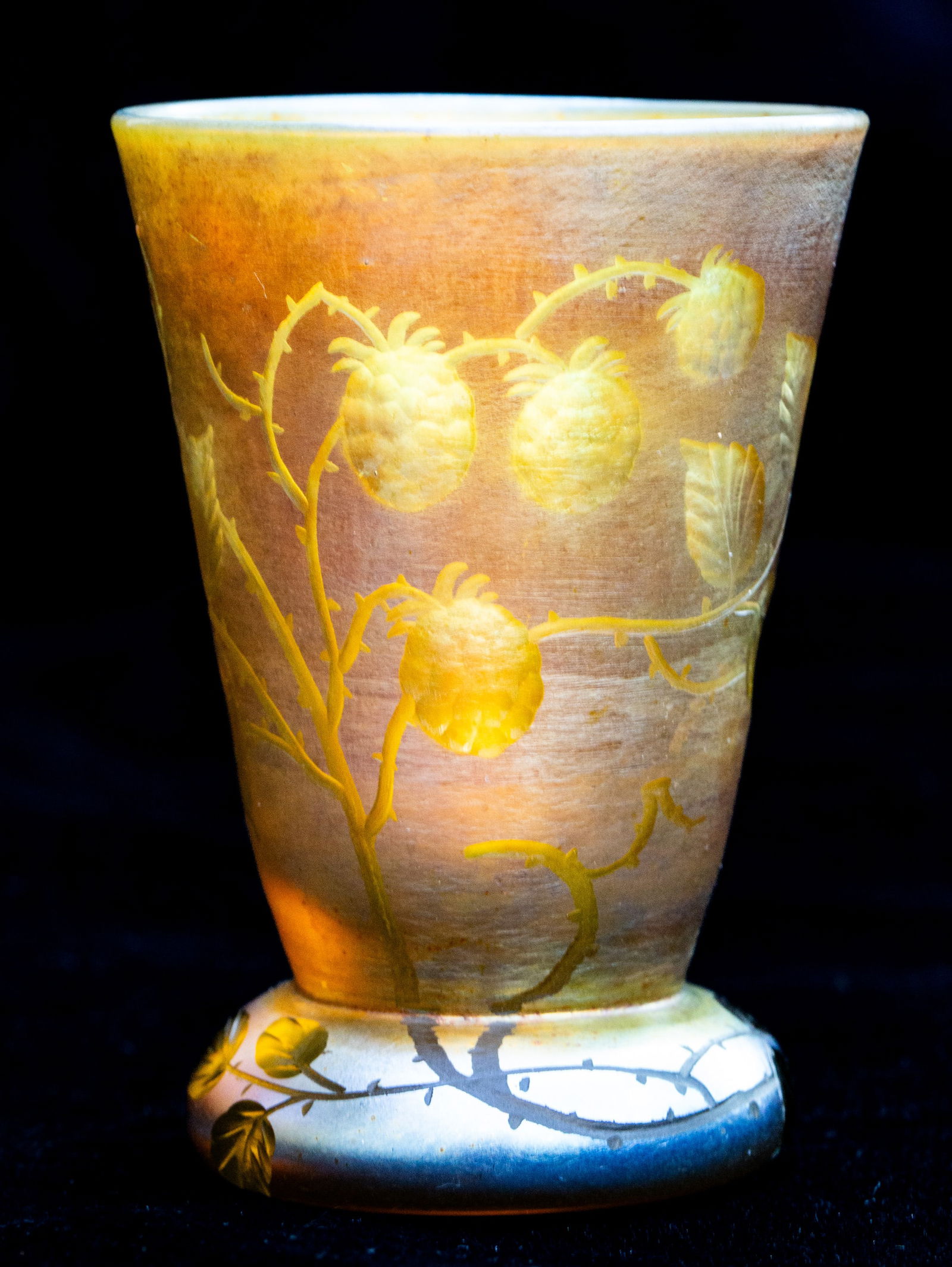 Rare Tiffany Favrile Engraved Cut Glass Crystal Cup: This amazing cup was crafted and engraved by Tiffany in their Favrile line. Most Favrile glass is not cut or engraved but this piece has gorgeous engraved berries all over. Also where the engraver cut