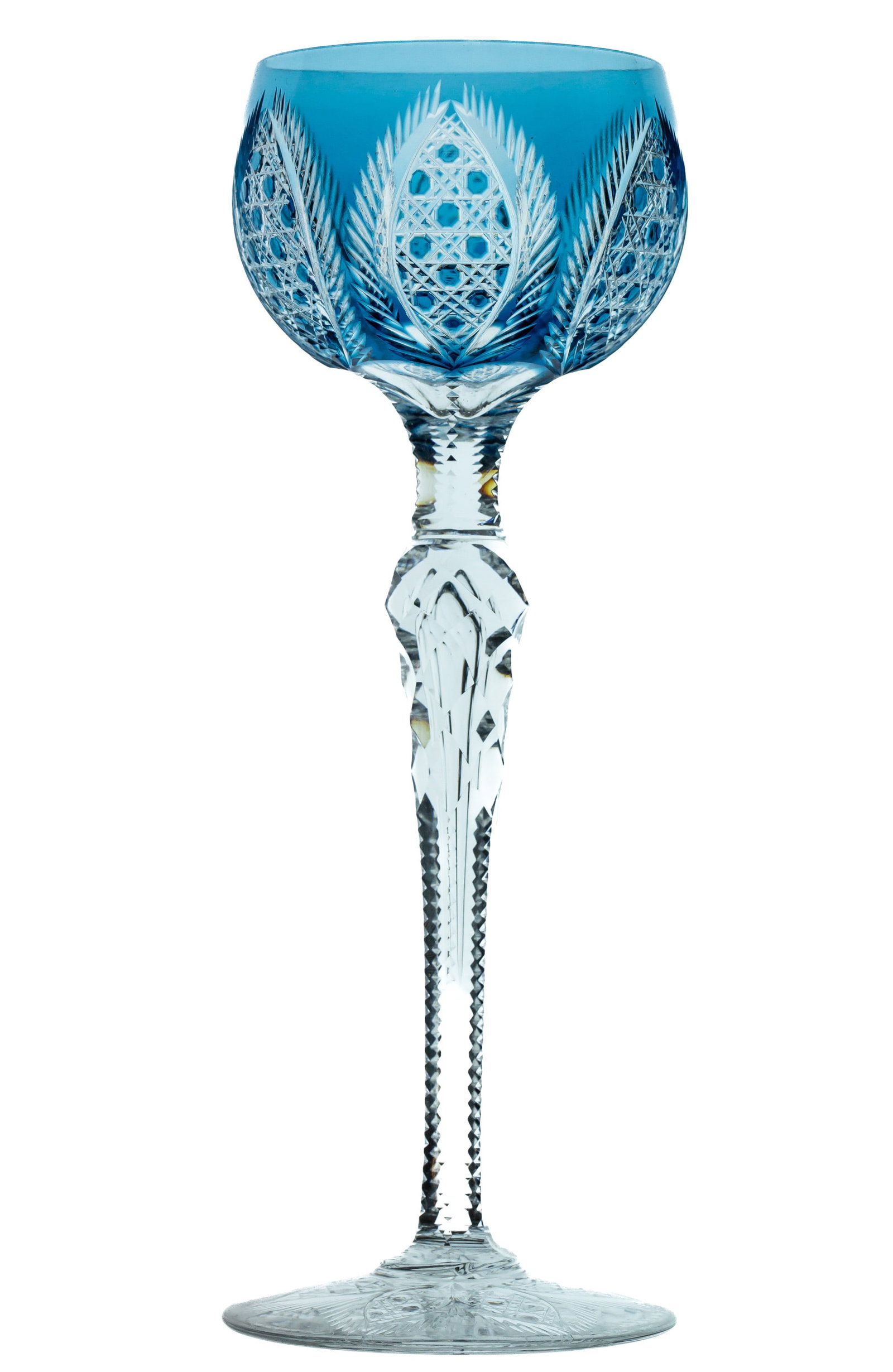 Unusual Baccarat Brilliant Cut Glass Crystal Hock Wine: This hock wine was cut by Baccarat in a particularly nice shade of turquoise blue. The design features petals of cane cutting. The stem is cut in hollow diamond and features an air trap while the base