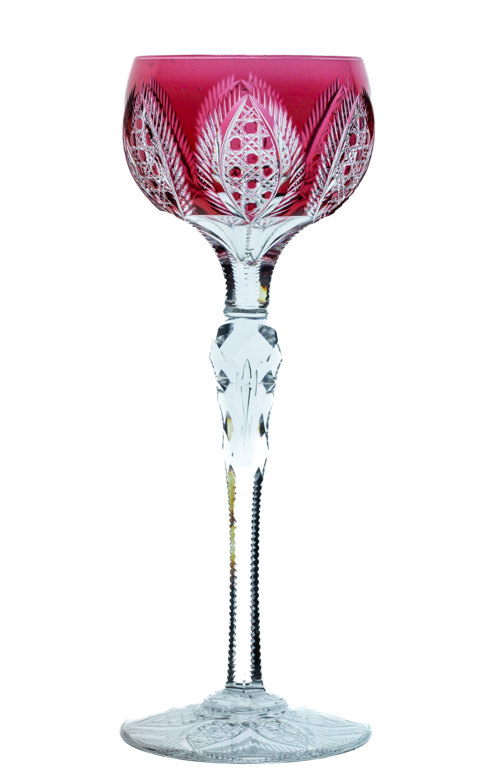 Unusual Baccarat Brilliant Cut Glass Crystal Hock Wine: This hock wine was cut by Baccarat in a deep shade of cranberry. The design features petals of cane cutting. The stem is cut in hollow diamond and features an air trap while the base is completely cut