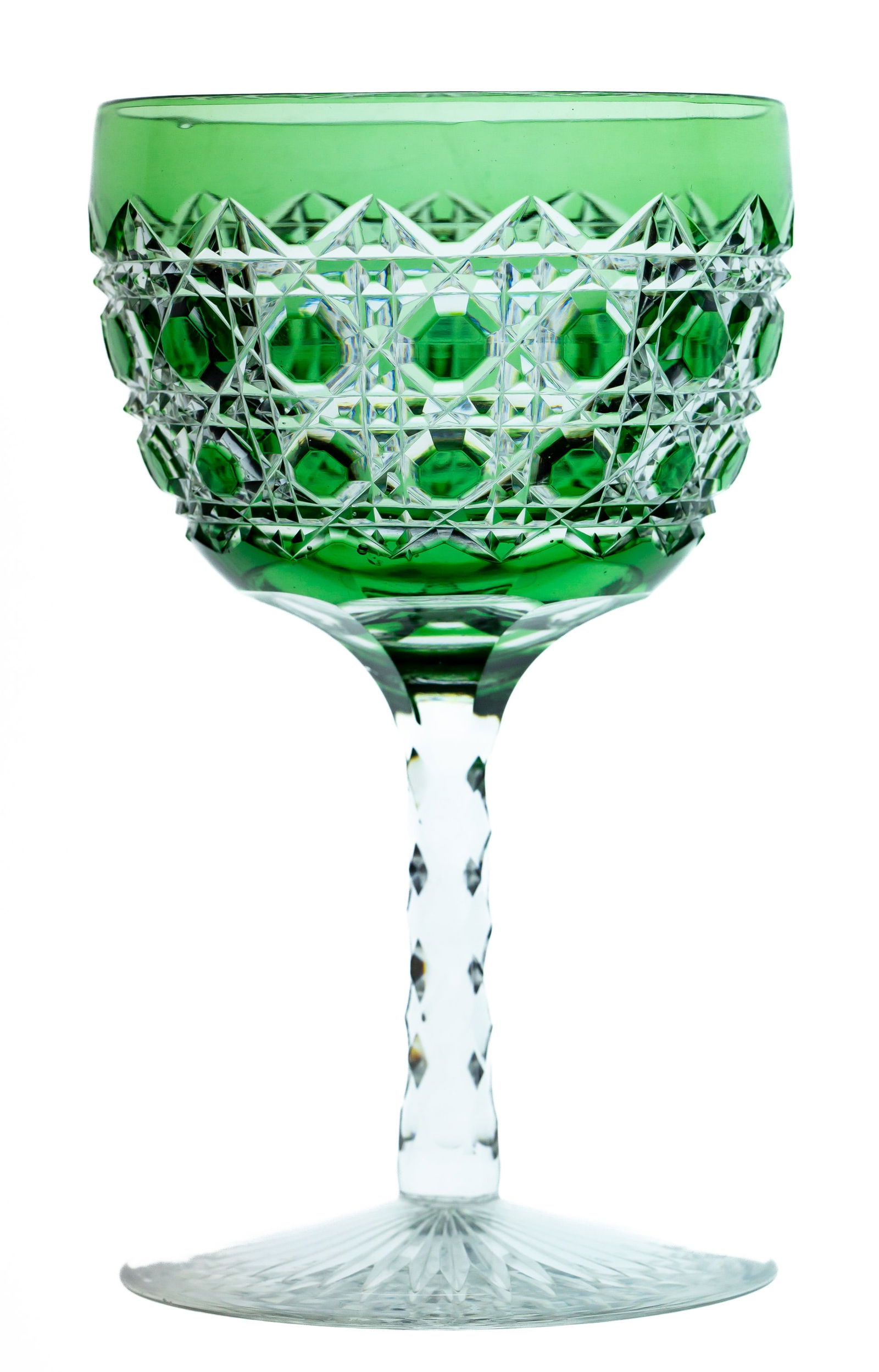 Nice Straus Green to Clear 2 Cut Octagon Brilliant Cut Glass Stem: Great example of colored glass from the makers at L. Straus. Cut in their 2 cut octagon design and featuring a St. Louis diamond notched stem. Deep emerald color.