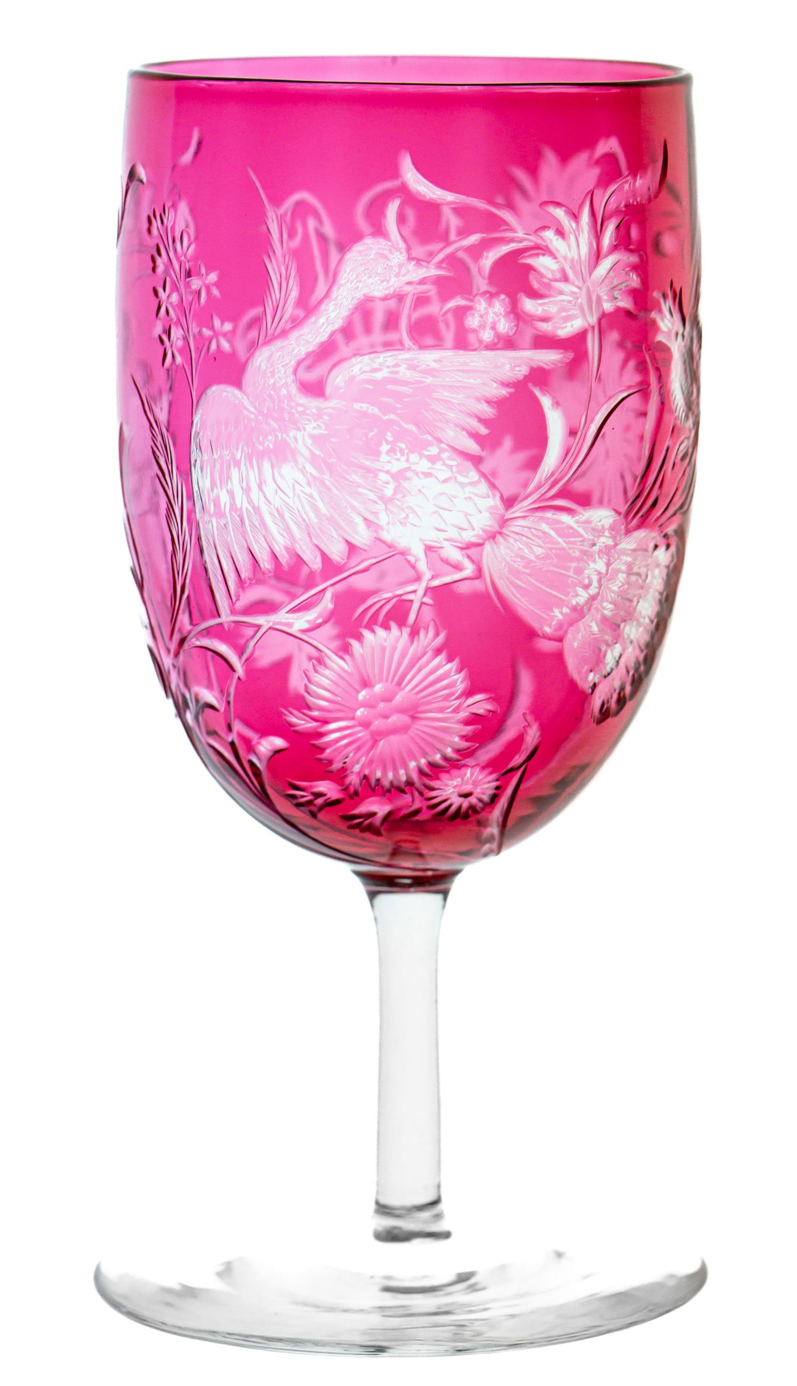 Awesome Baccarat Cranberry to Clear Brilliant Cut Glass Bird Rock Crystal Engraving: This is a beautiful Baccarat cranberry to clear glass with fabulous rock crystal engraving. Most notable is the extremely detailed bird but there is incredible and varied floral work all over the bowl