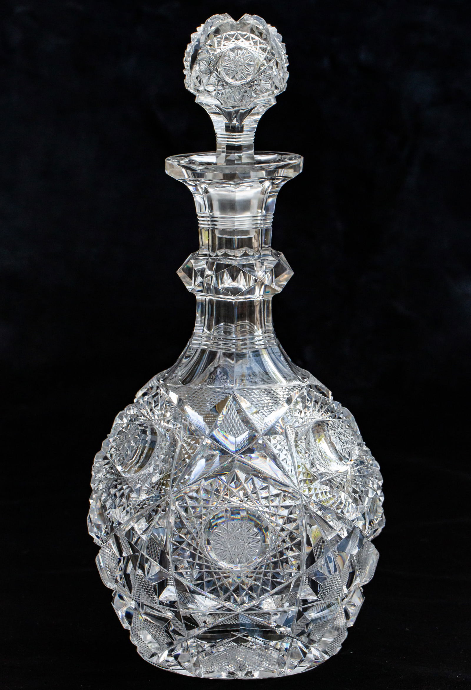 Unbelievable Libbey Stratford American Brilliant Period Cut Glass Decanter w/ Pattern Stopper: This decanter, cut in Libbey's Stratford design, is one of the finest produced during the Brilliant Period. While Stratford is always a high quality design - with its extremely deep cutting, high qual