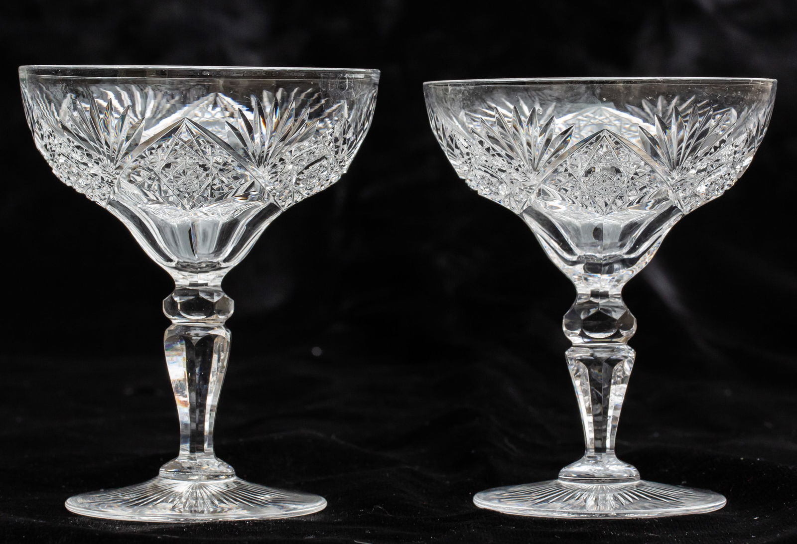 Elegant Pair of Hawkes Marquise American Brilliant Period Cut Glass Champagnes: This pair of champagnes was cut in Hawkes elegant Marquise design. Both pieces signed.