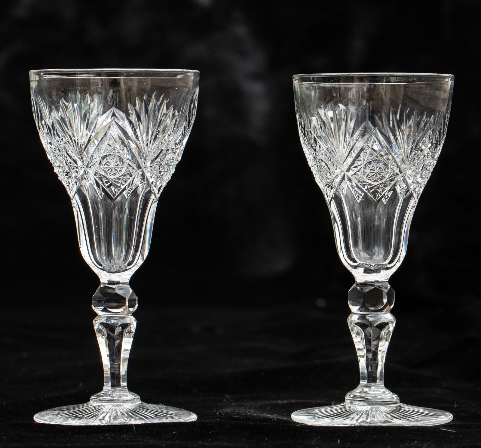 Elegant Pair of Hawkes Marquise American Brilliant Period Cut Glass Wines (1 of 3)