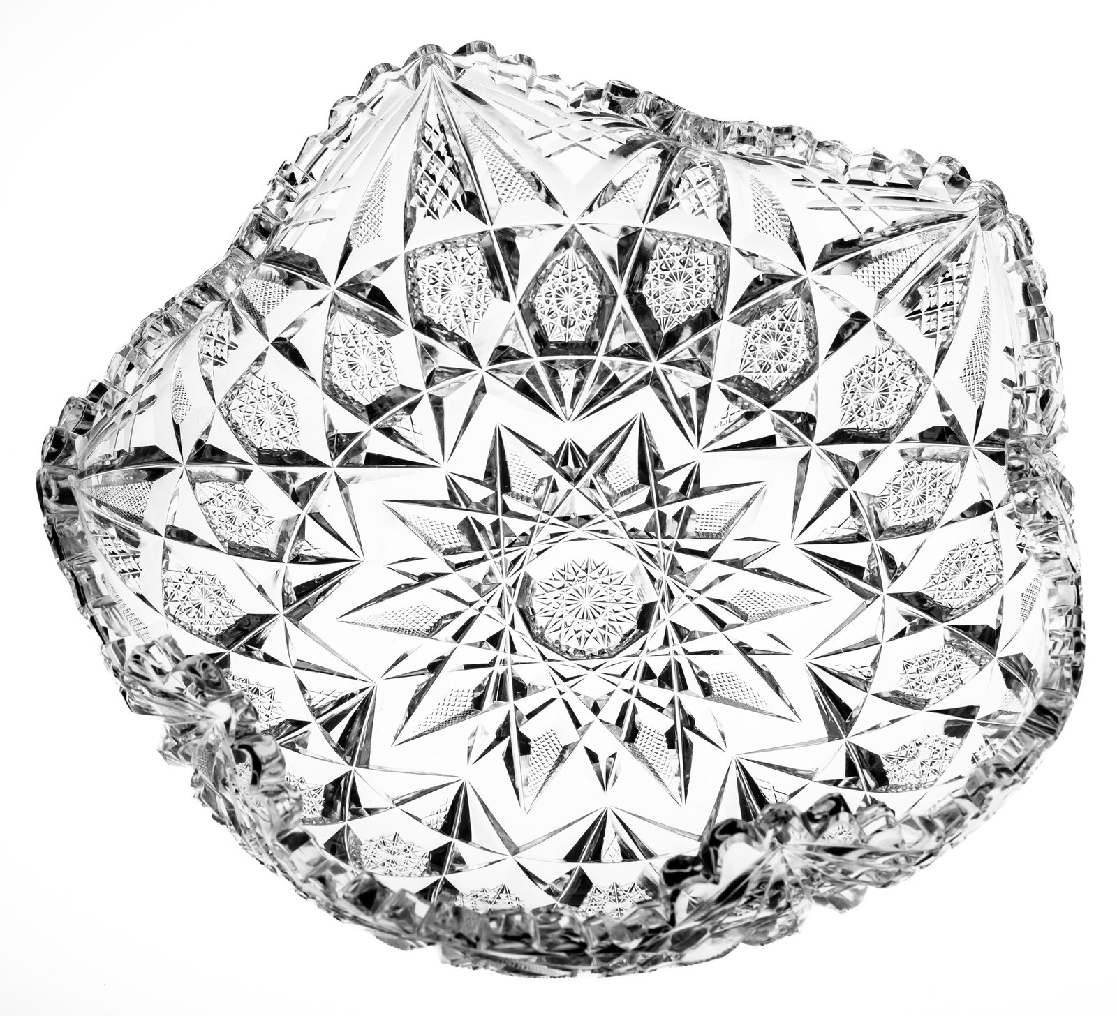 Unique William C. Anderson Star Rosetta American Brilliant Cut Glass Folded Bowl: This unusually shaped bowl was designed by William C. Anderson and cut at his American Cut Glass Co. it's cut on a blank you see cut by American Cut Glass Co. and Libbey - 5 sides and folding in on al