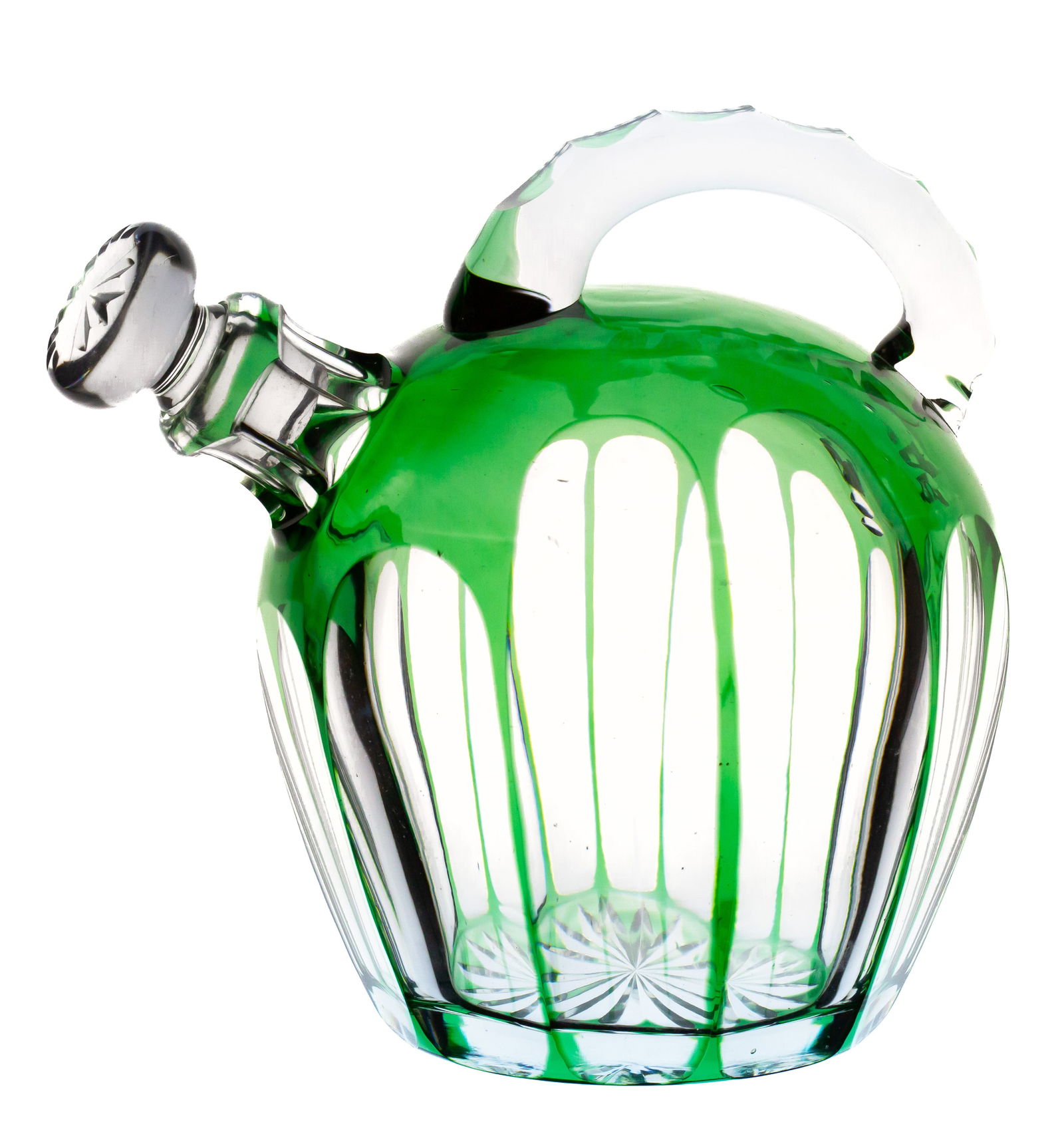 Nice Green to Clear Clear Flutes Cut Glass Rum Jug Decanter: This rum jug is cut in clear flutes and entirely green to clear, including the base. Unfortunately there is a small crack near the rear handle attachment.