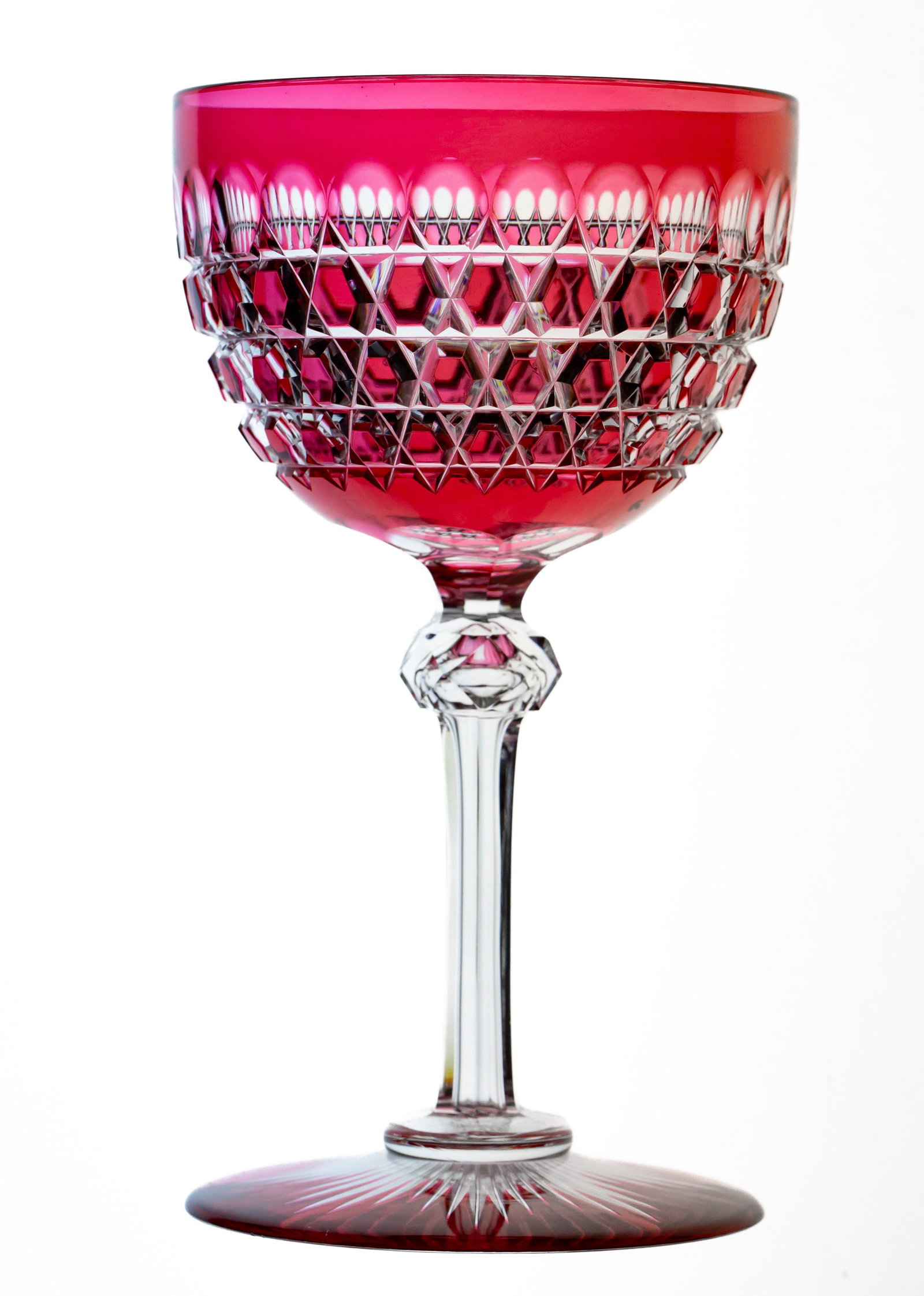 Beautiful Boston & Sandwich Cranberry Cut to Clear Cut Glass Wine Glass: Beautiful cranberry to clear stem by Boston & Sandwich with cranberry to clear base too! Instantly identifiable with the "windows" around the rim.