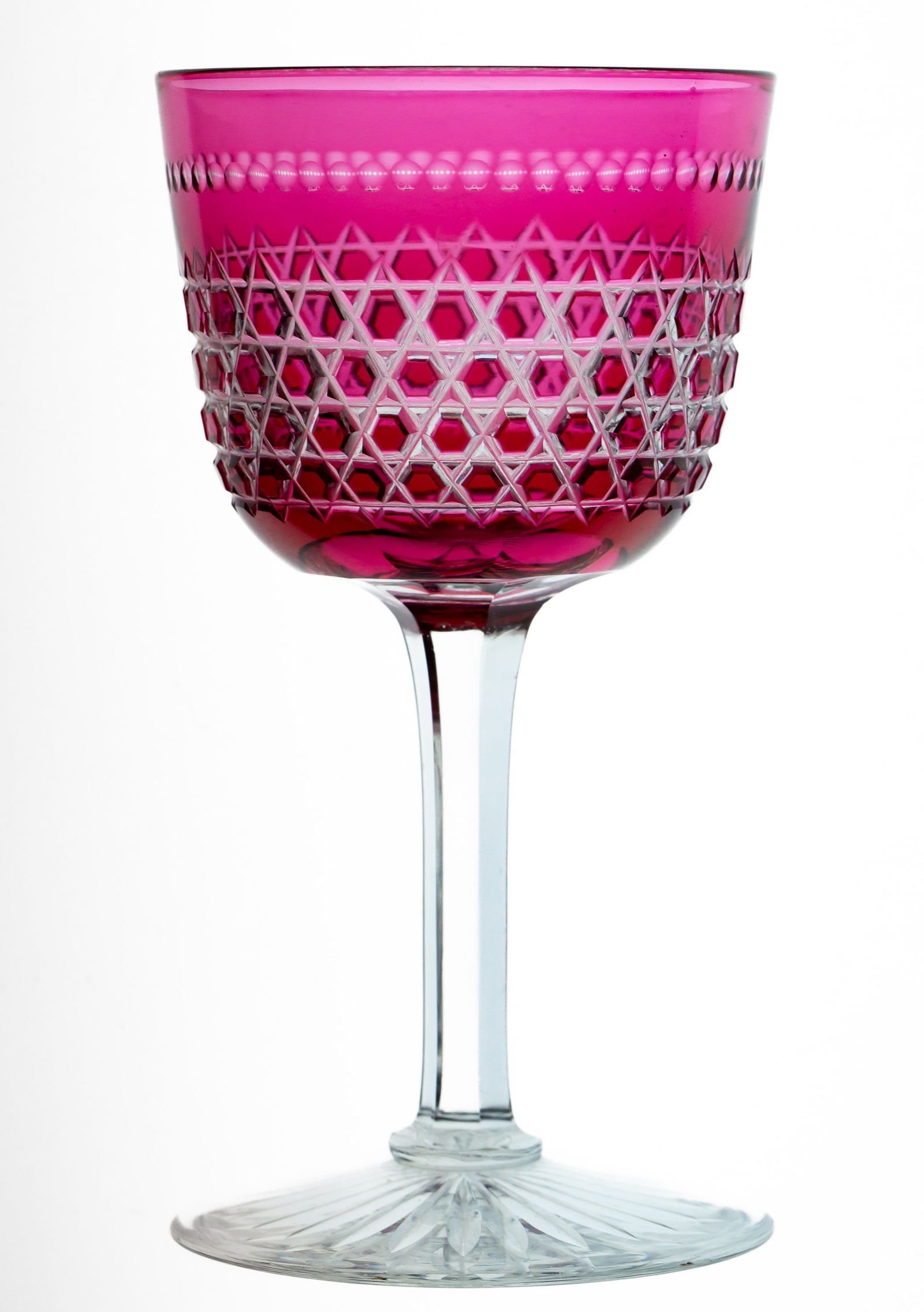 Nice Cranberry Cut to Clear American Brilliant Period Cut Glass Wine Glass: Really cute and well done wine glass cut with hobnail and the tiniest punties around the rim. Excellent splash of color for your cabinet!