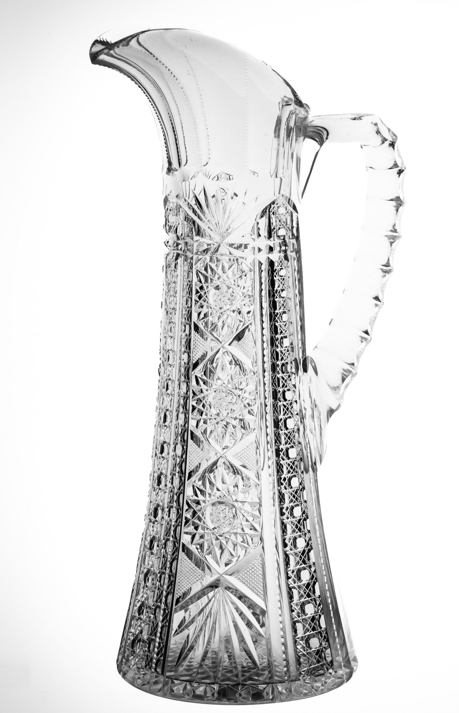 Lovely Straus? Tall Thin American Brilliant Period Cut Glass Tankard Pitcher: This pitcher features an unusual tall, thin shape. I have seen this design cut in color and also attributed to Straus and Dorflinger but I have no found an ID. Nice hobstar base.