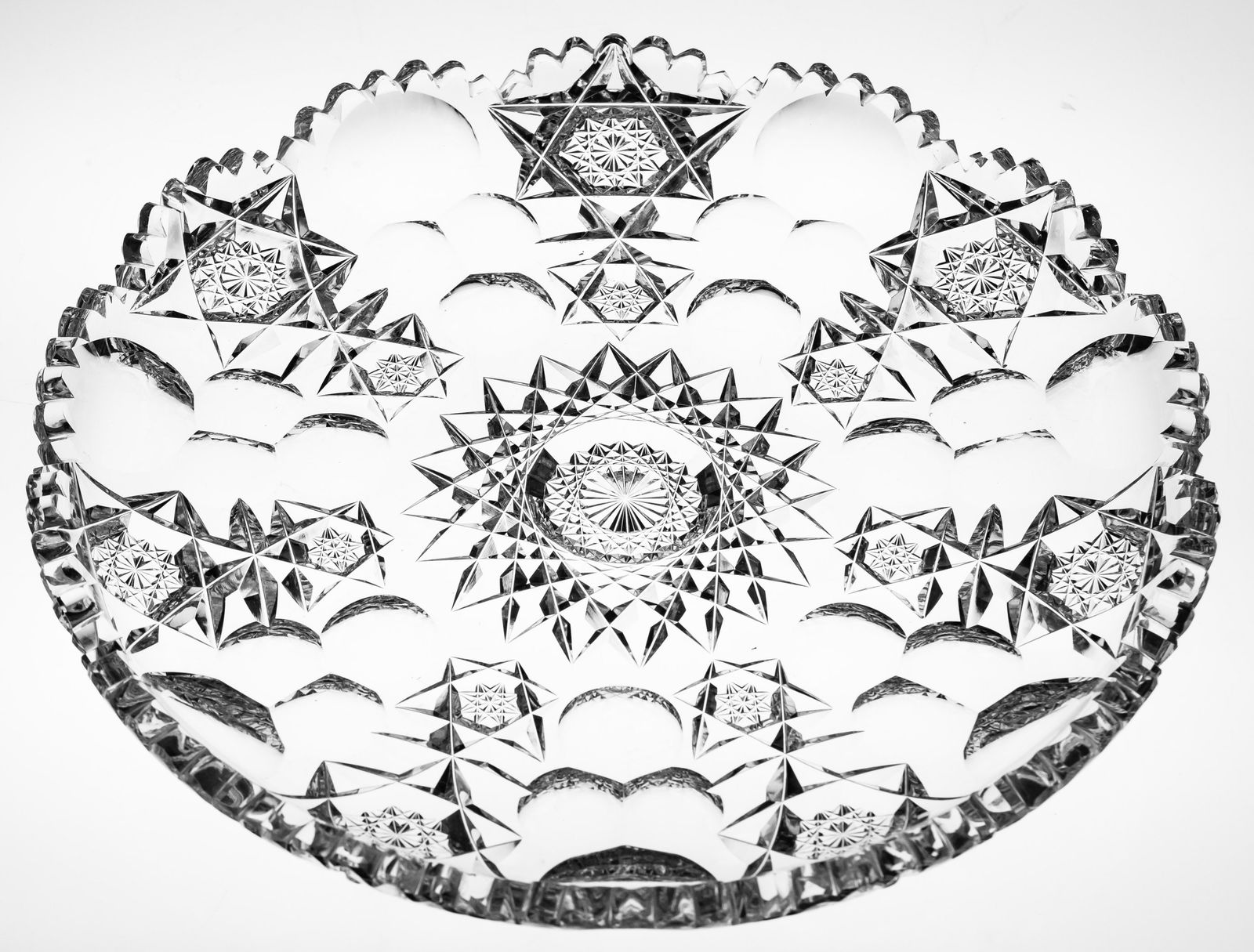 Rare Hawkes Princess American Brilliant Period Cut Glass Round Tray: This round plate was cut by Hawkes in the seldom seen member of the royal family (Queens, Kings, Princess) Princess pattern - on the exact same blank Hawkes also cut Panel on. It's signed in the cente