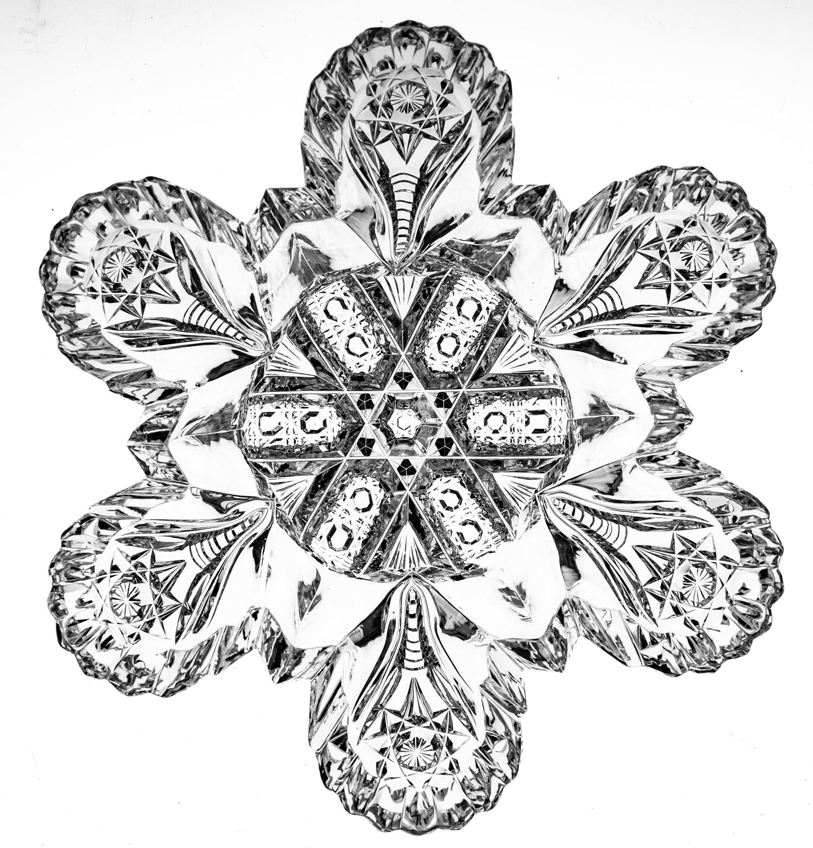 Cute Hawkes Rio American Brilliant Period Cut Glass Snowflake Blowout: This is an adorable in one of the rarer Hawkes "snowflake" design - Rio. It's signed in the center by Hawkes and is on an incredibly clear blank. There is a repaired tooth (shown) on the rim.