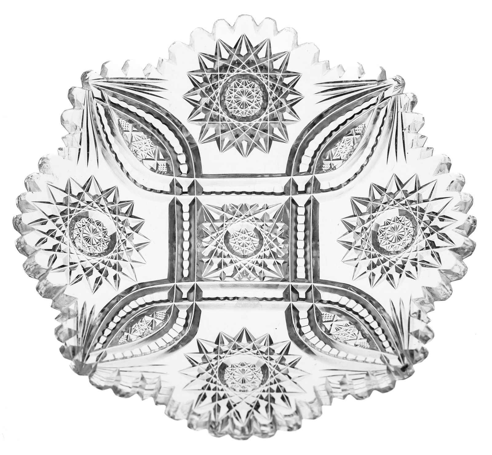 Nice American Brilliant Period Cut Glass 7" Plate: Nice plate with square hobstar center and vesica spokes/hobstars at the edge.