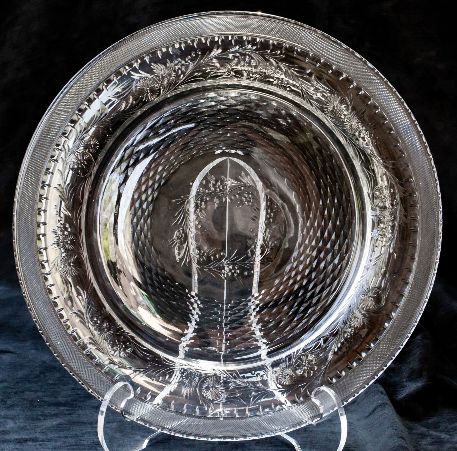 Extremely Large Hawkes 15" Cut & Engraved American Brilliant Cut Glass Plate Tray: This platter was cut and engraved in the latter portion of the Brilliant Period by Hawkes. The copper wheel engraving features with bands of flowers. The rim is covered with crosshatching and notching